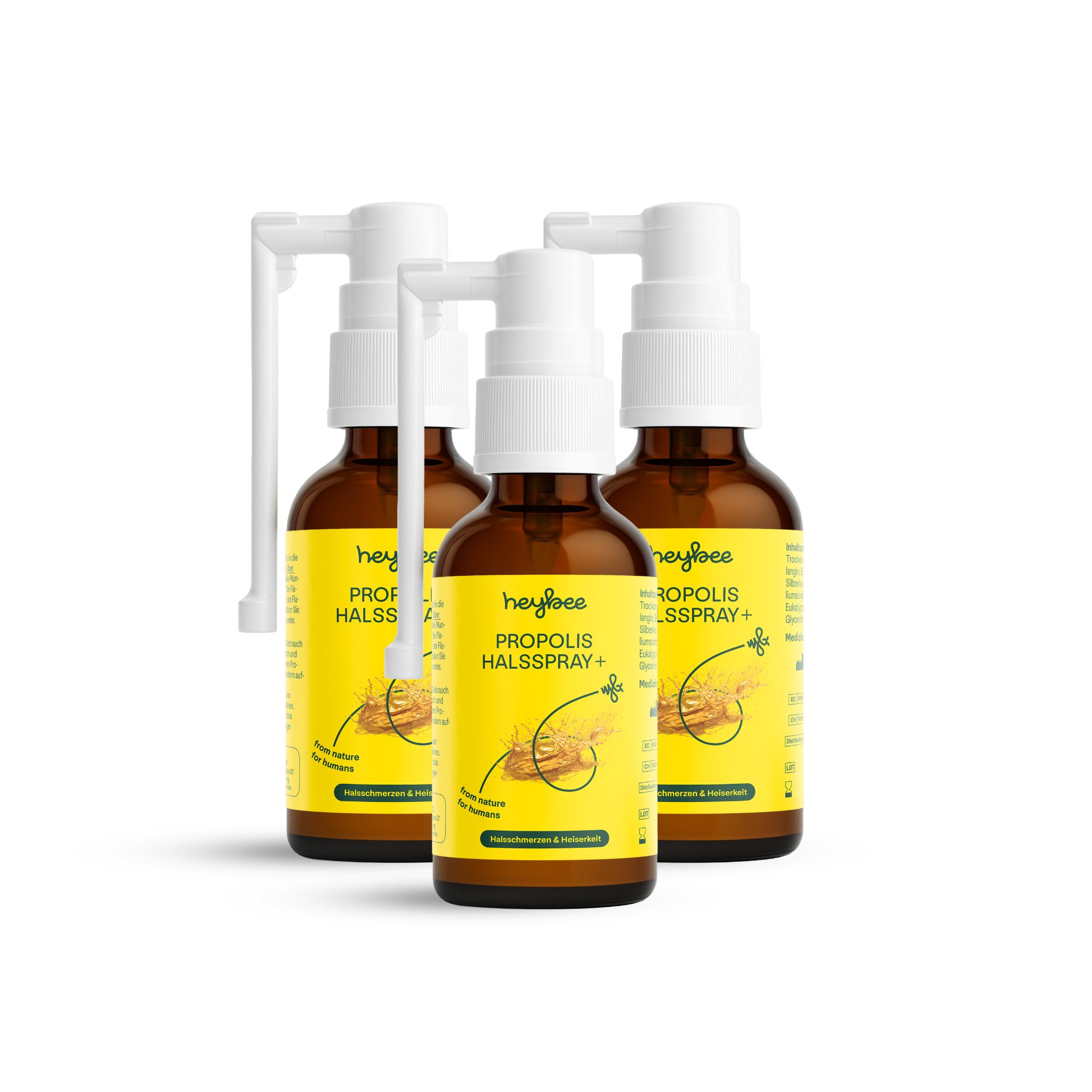Drei Heybee Propolis Halsspray+ Flaschen. Braune Flaschen mit weißem Sprühkopf. Auf weißem Hintergrund.
