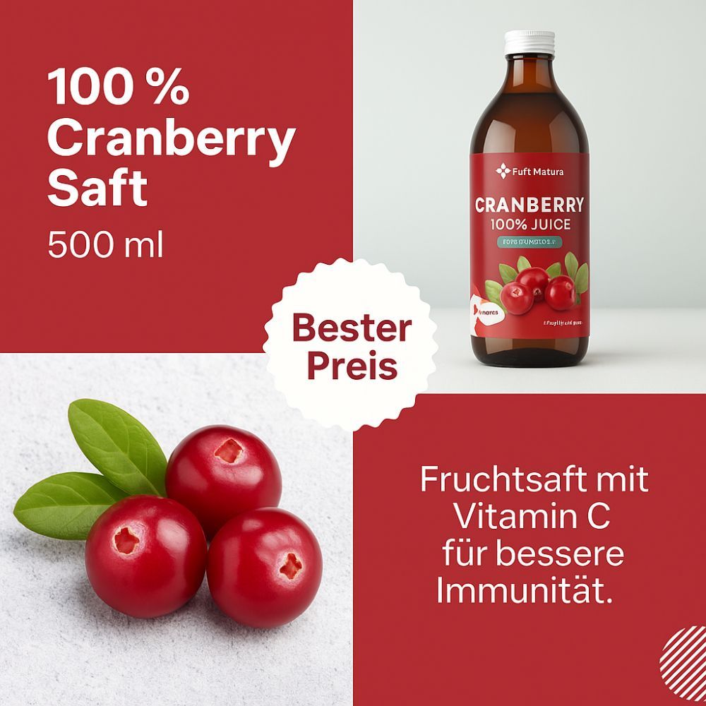 Flasche FutuNatura Cranberrysaft. Rotes Layout mit Produktname, Cranberry-Abbildung und Text. Bester Preis.