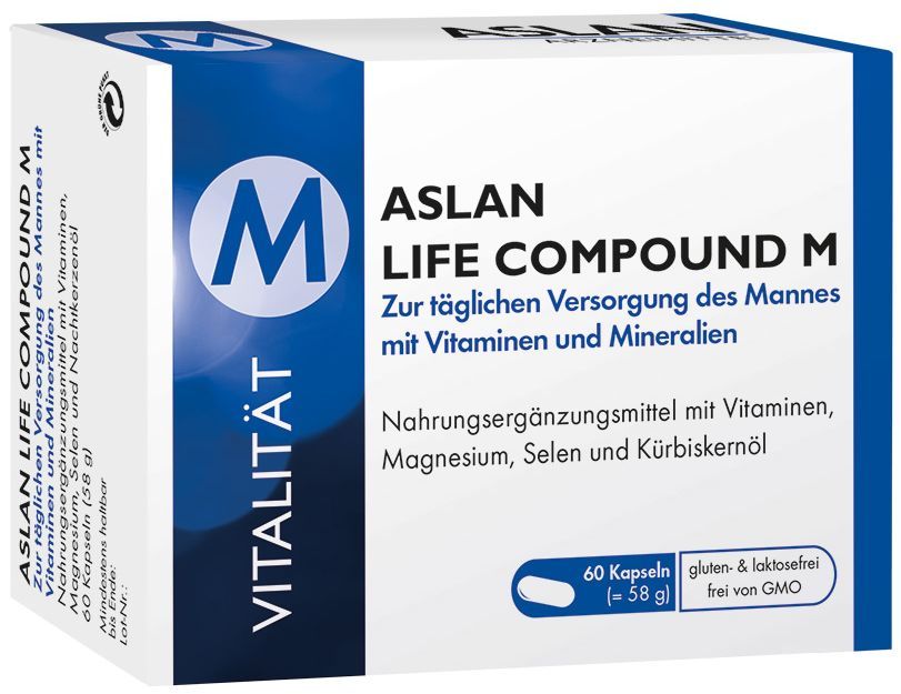ASLAN Life Compound M-Verpackung. Enthält 60 Kapseln. Aufschrift: Nahrungsergänzungsmittel mit Vitaminen und Mineralien.
