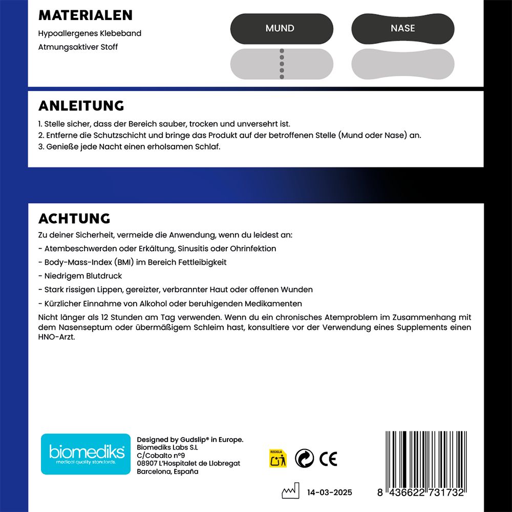 Verpackung mit Produktinformationen. Enthält Mund- und Nasenstreifen. Text: Anleitung, Achtung, biomediks, CE-Zeichen, Haltbarkeitsdatum.