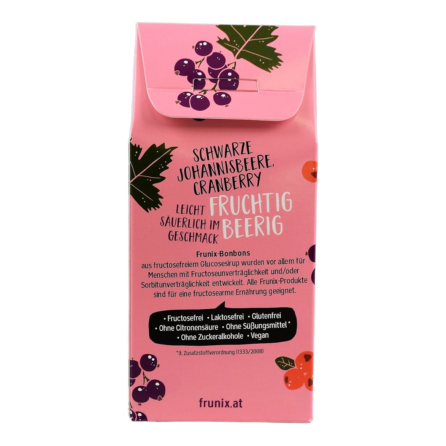 Rosa Verpackung mit Produktinformationen. Schwarze Johannisbeere, Cranberry. Text: Fruchtig, sauerlich im Geschmack.