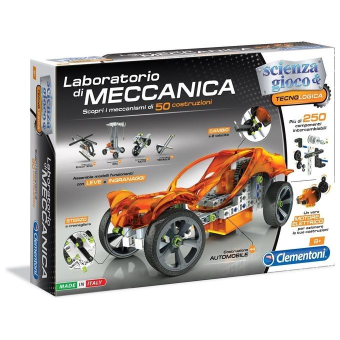 Confezione Clementoni Laboratorio di Meccanica. Contiene oltre 250 componenti intercambiabili. Include un motore elettrico. Made in Italy.