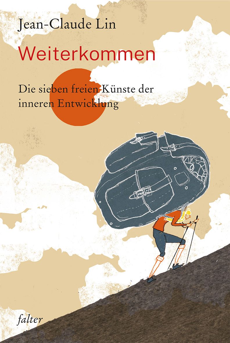 Buchcover mit Titel "Weiterkommen". Eine Person mit Rucksack und Stöcken steigt einen Berg hinauf. Im Hintergrund Sonne und Wolken.
