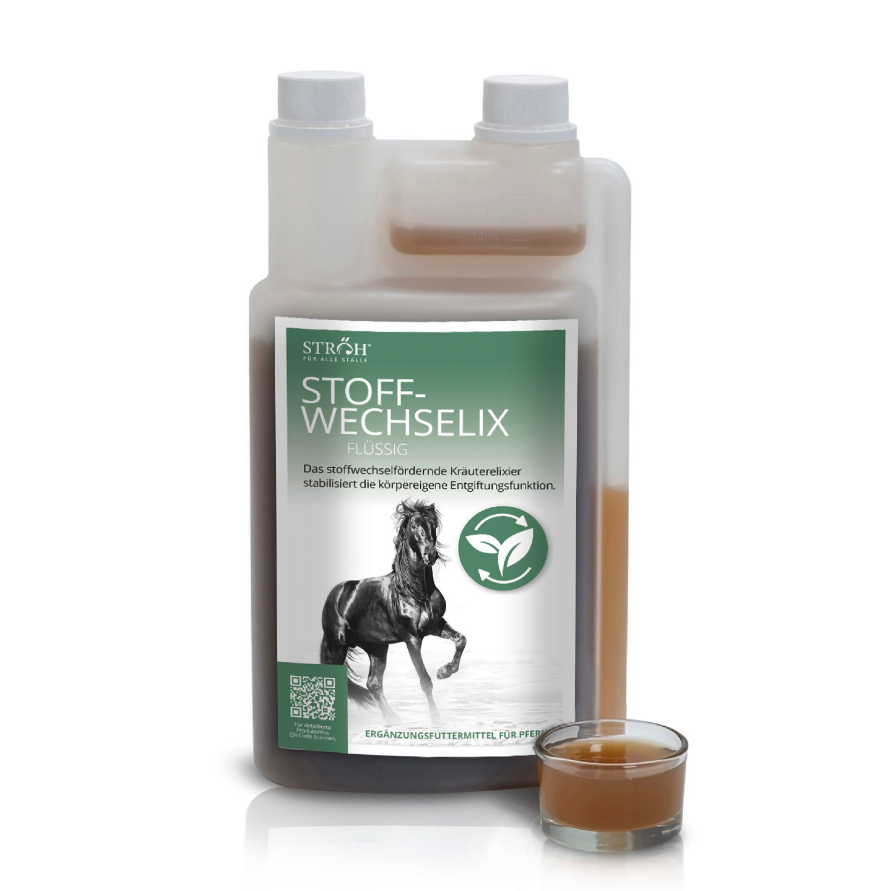Flüssiges Ergänzungsfuttermittel für Pferde. Flasche mit STRÖH STOFF-WECHSELIX, Pferd-Illustration, Dosierbecher.