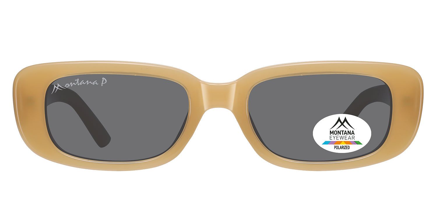 Sonnenbrille Montana Eyewear Romazzino. Rechteckige, beige Fassung mit grauen Gläsern. Logo und Polarisations-Aufkleber. Schwarze Bügel.