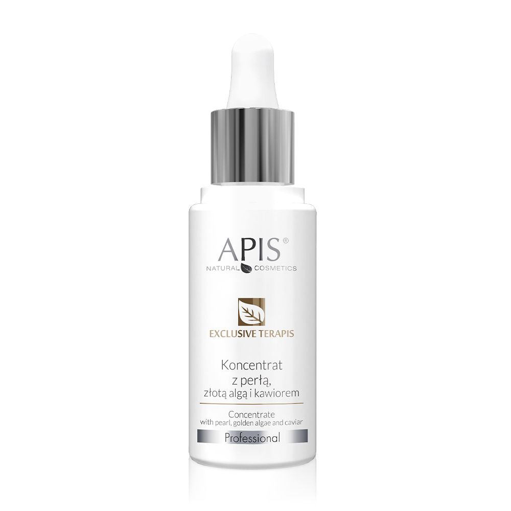 Weiße Flasche mit silberner Pipette. APIS-Logo und Produktbezeichnung. Text: EXCLUSIVE TERAPIS, Konzentrat mit Perle.