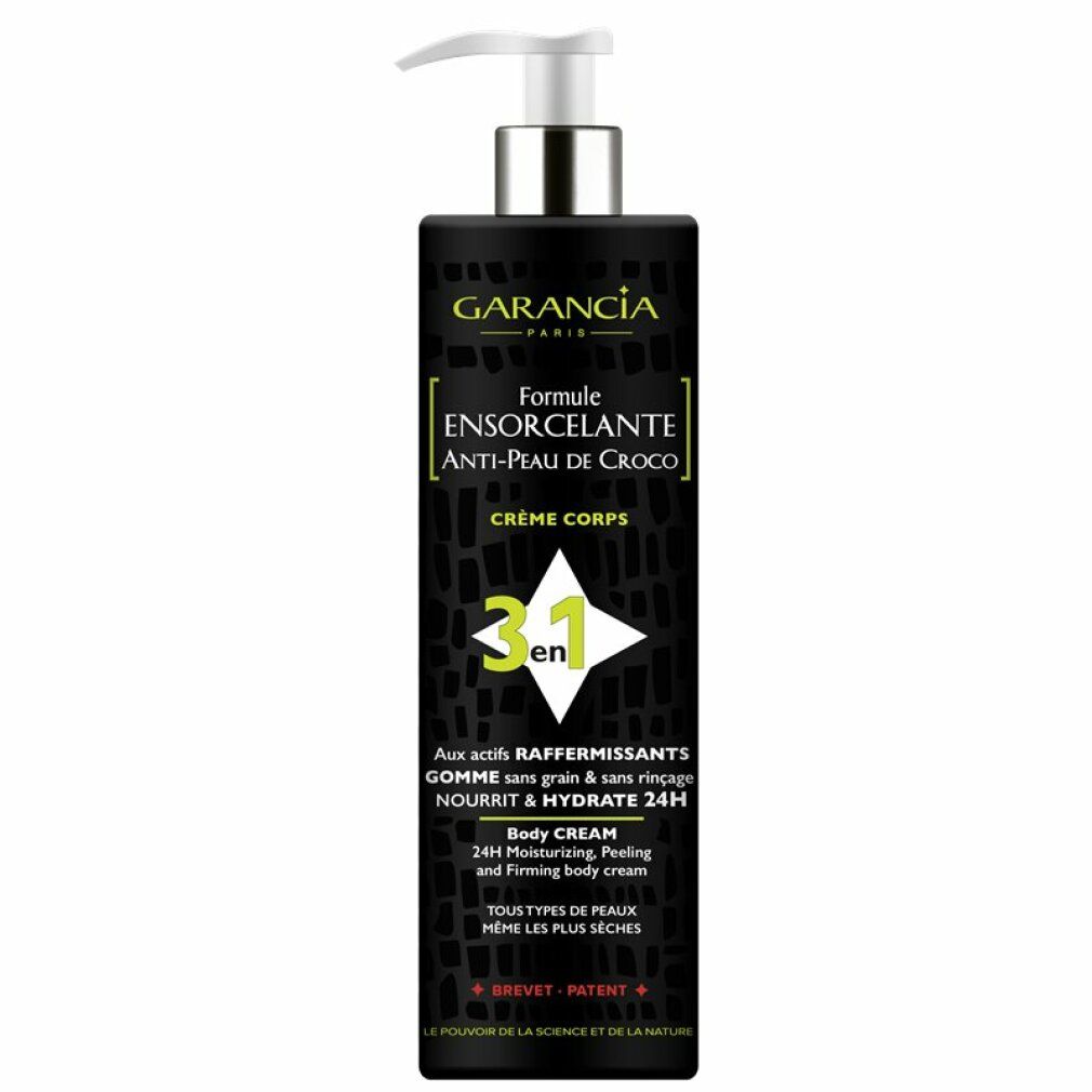 Schwarze Flasche mit Pumpspender. Garancia Formule Ensorcelante Anti-Peau de Croco Creme Corps.