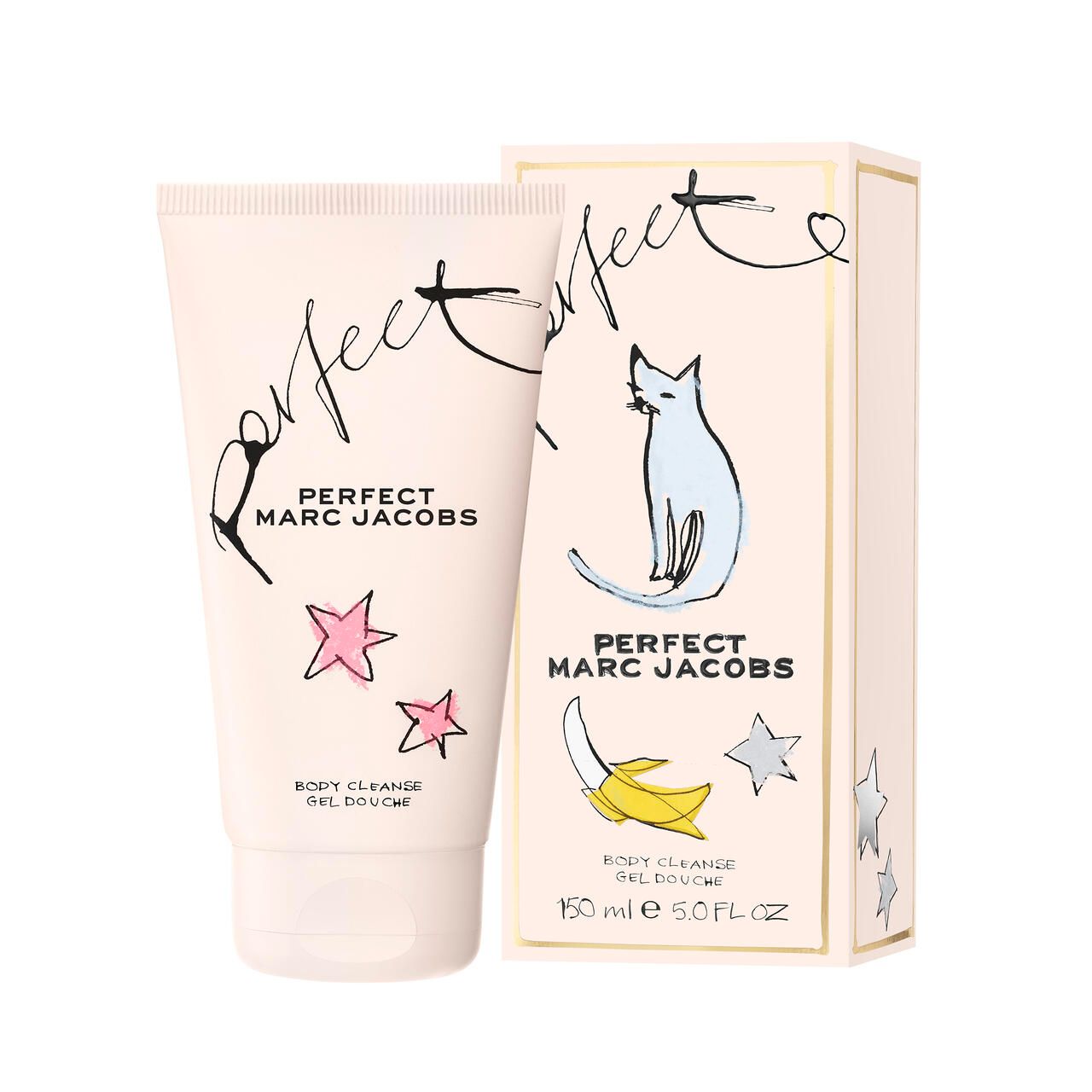 Beige Tube und Verpackung. Aufschrift "Perfect Marc Jacobs". Rosa Sterne, Katze, Banane. Text "Body Cleanser Gel Douche" und Volumen.