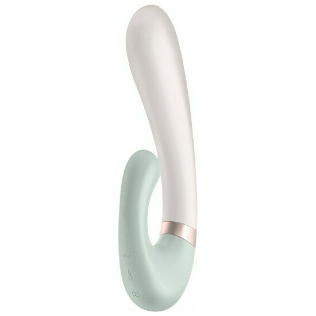 Rabbitvibrator "Heat Wave". Weißer Schaft, mintgrüner Bogen, roségoldfarbener Ring. Ergonomisches Design.
