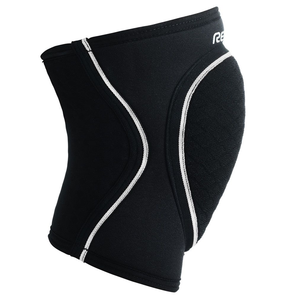 Schwarzer Kniepolster mit weißer Umrandung. Gepolsterter Bereich. Marke Rehband nicht sichtbar.