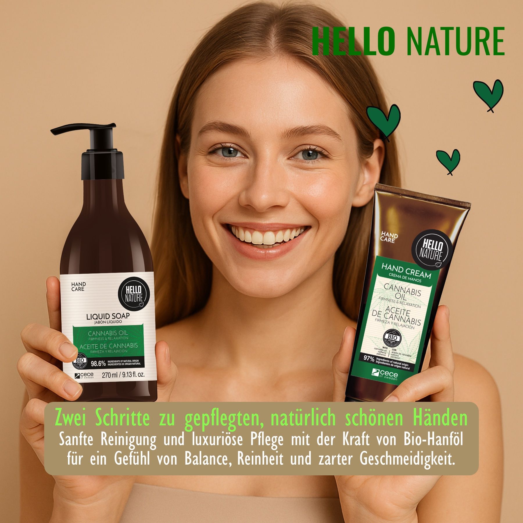 Frau mit Flüssigseife und Handcreme. Hello Nature. Cannabis Oil. Braune Flasche und Tube. Bio-Siegel. Grüne Blätter.