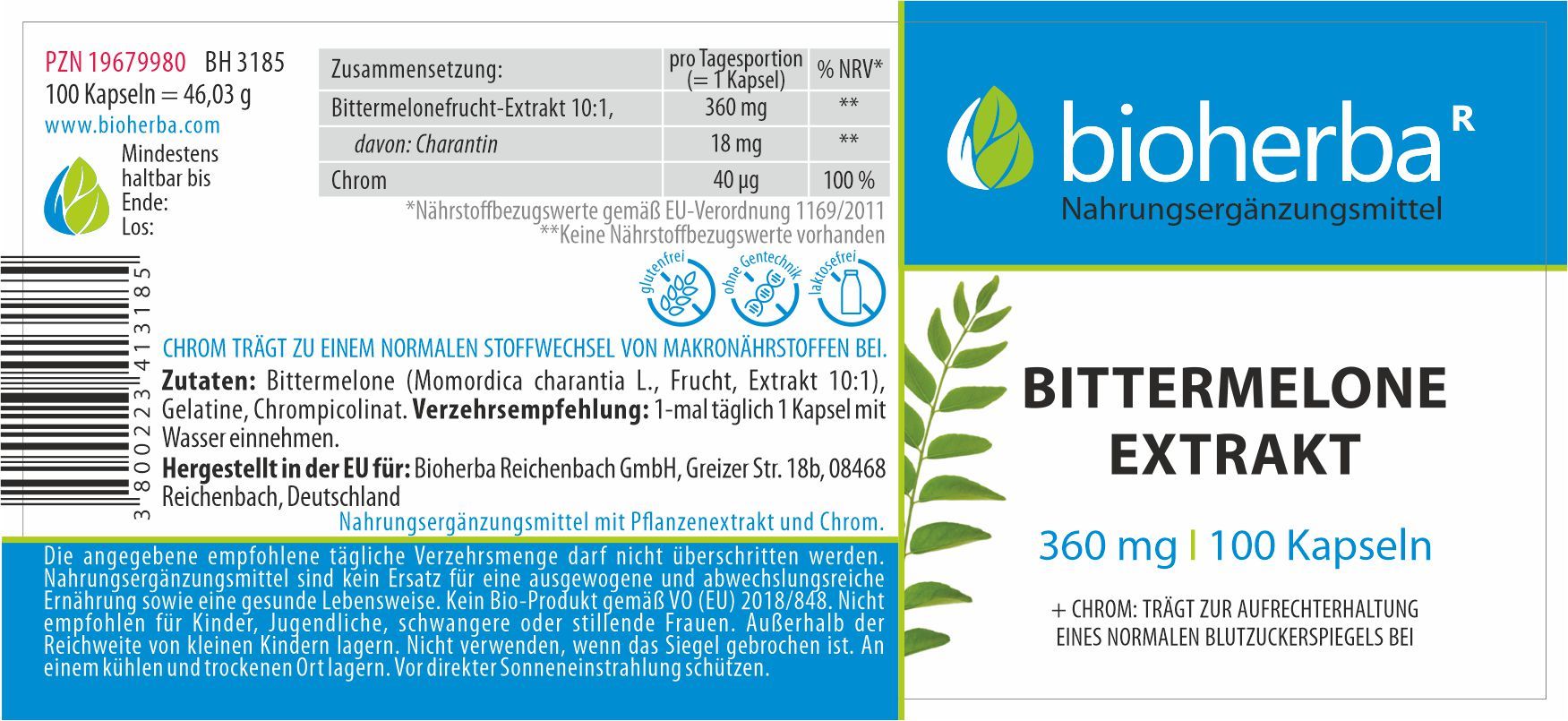 Etikett mit Produktname, Logo und Inhaltsangaben. Enthält Bittermelonen Extrakt und Chrom.