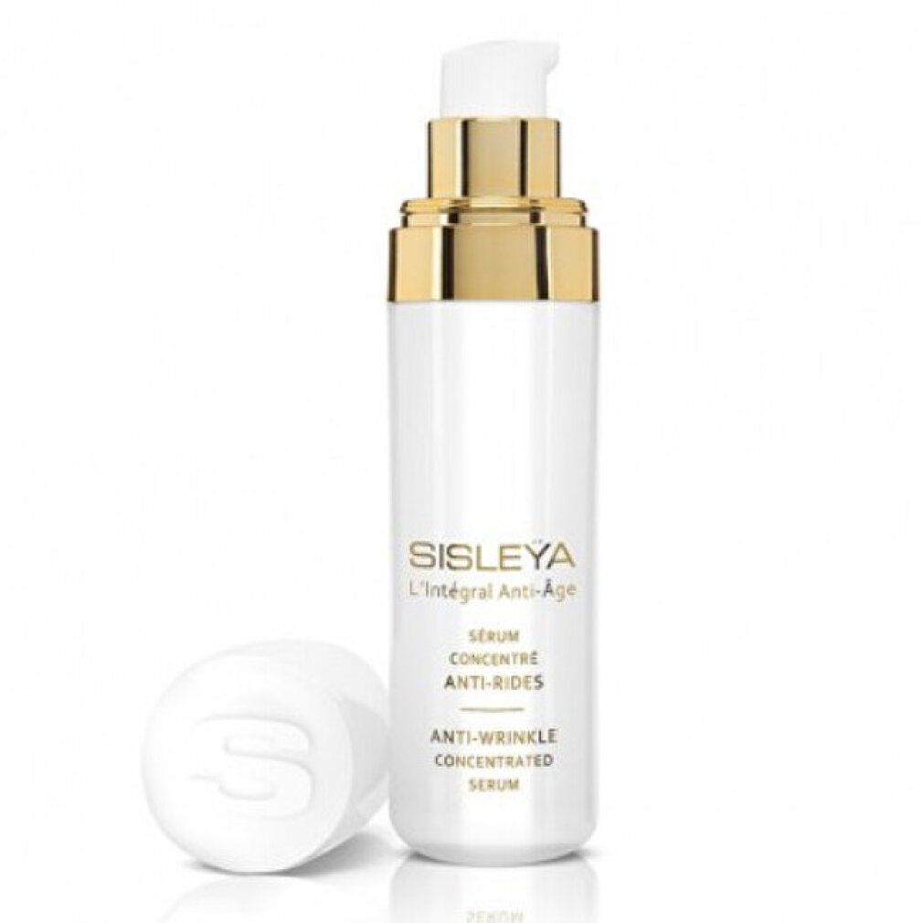 Weiße Serumflasche mit goldfarbenem Pumpkopf. Aufschrift: SISLEYA L'Intégral Anti-Age, Serum Concentré Anti-Rides.