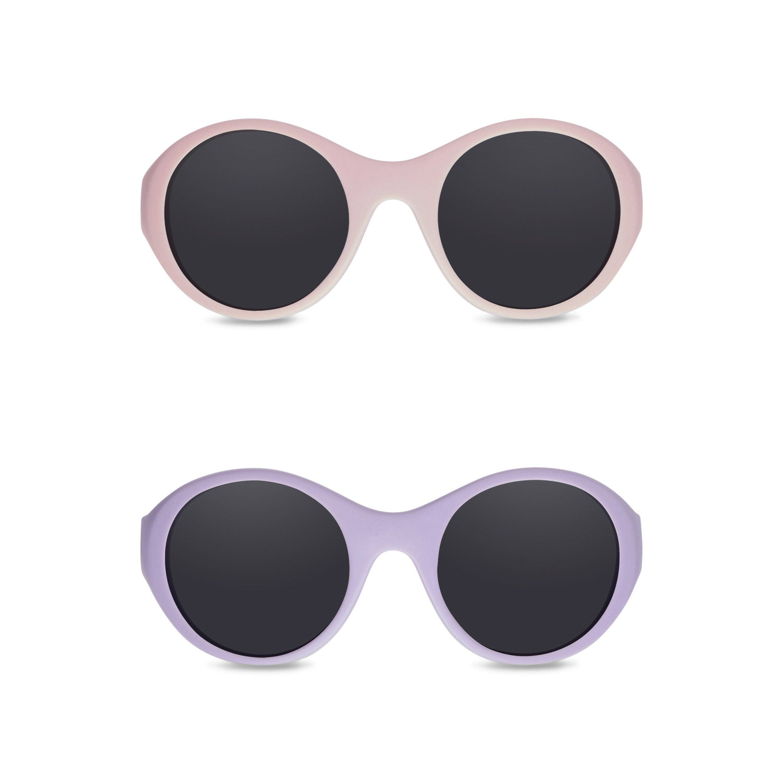 Zwei runde Sonnenbrillen. Eine rosa, eine lila. Schwarze Gläser.