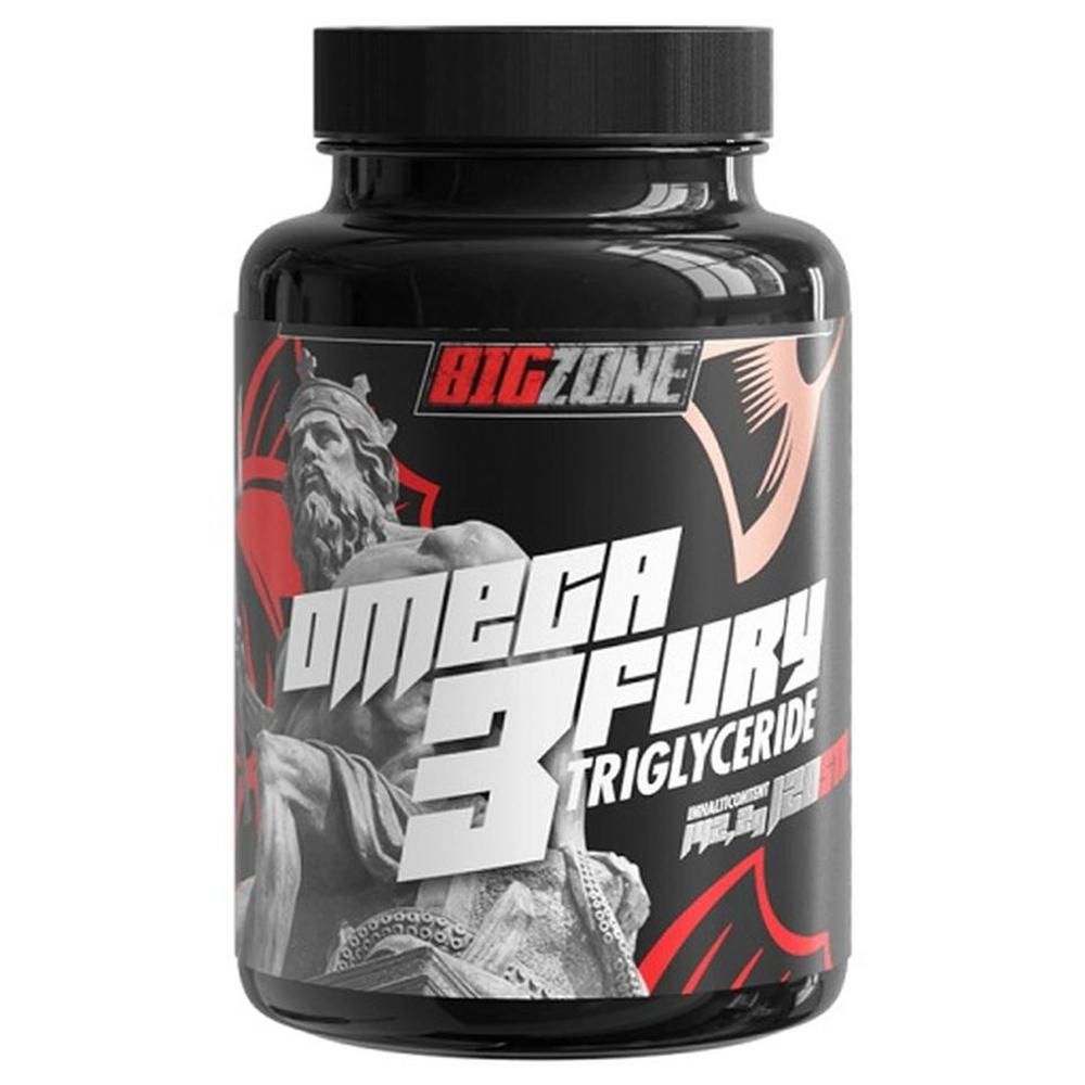 Schwarze Flasche mit roter und weißer Aufschrift. Oben steht "BIG ZONE", darunter "OMEGA 3 FURY TRIGLYCERIDE". Abbildung einer Statue.