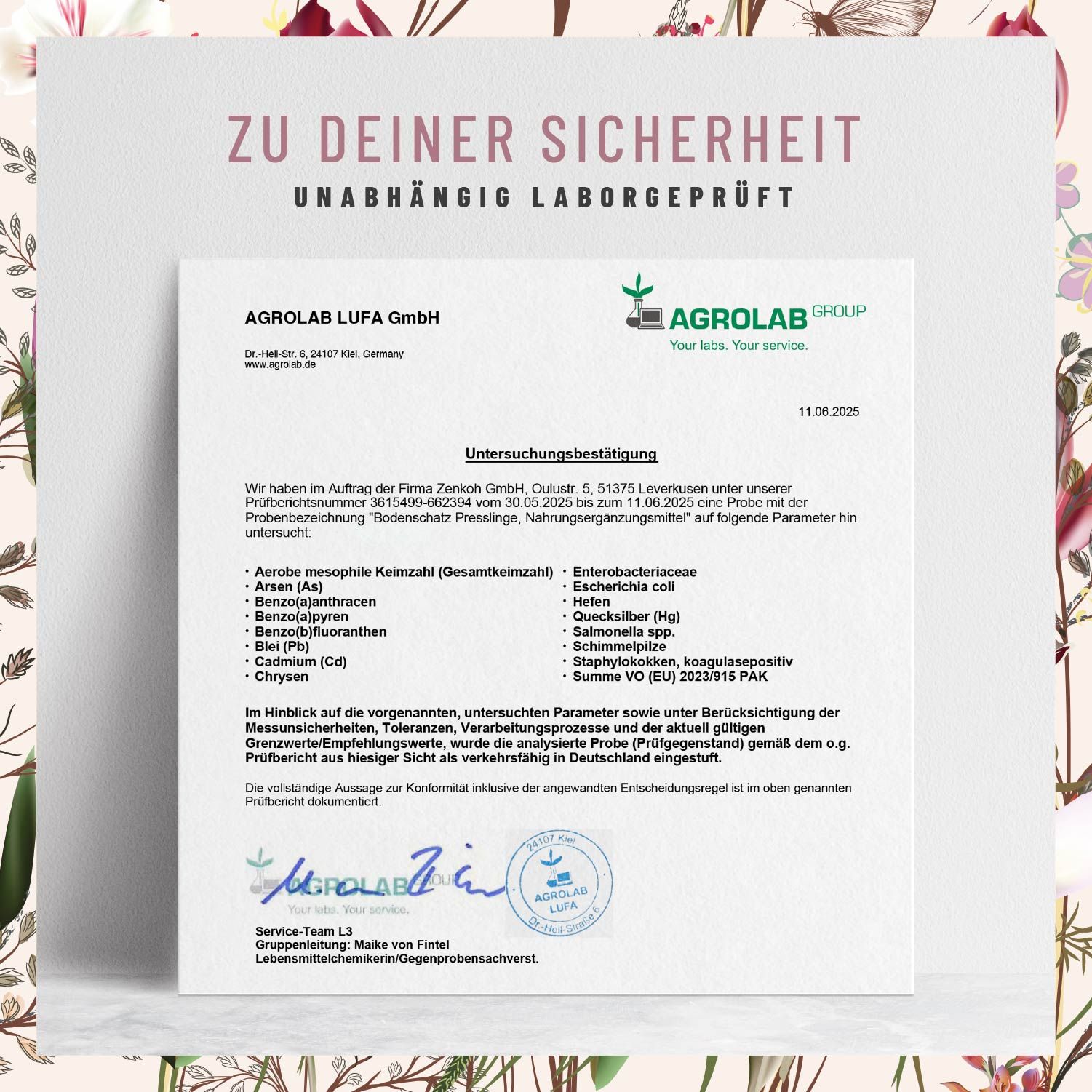 Zertifikat der Agrolab LUFA GmbH. Text: Unabhängig laborgeprüft. Unterschriftszeile. Logo Agrolab Group.