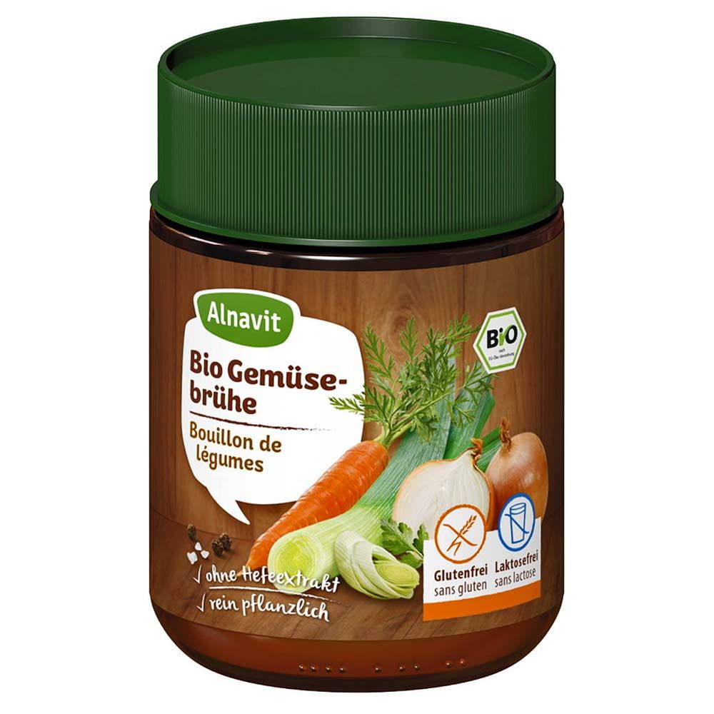 Braune Dose mit grünem Deckel. Aufkleber mit Gemüseabbildung und Text: Bio Gemüsebrühe, glutenfrei, laktosefrei.