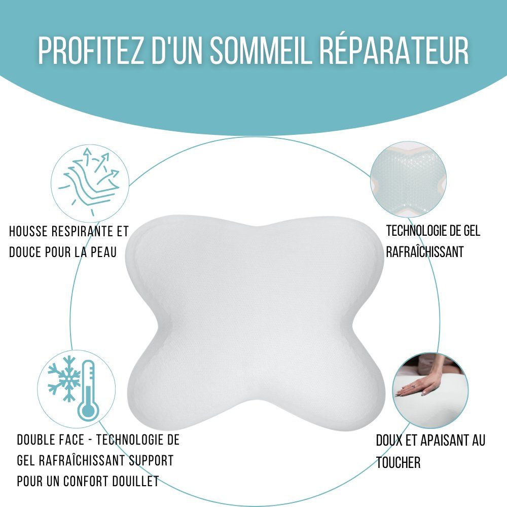 Oreiller papillon blanc. Texte : Housse respirante, technologie gel rafraîchissant, doux.