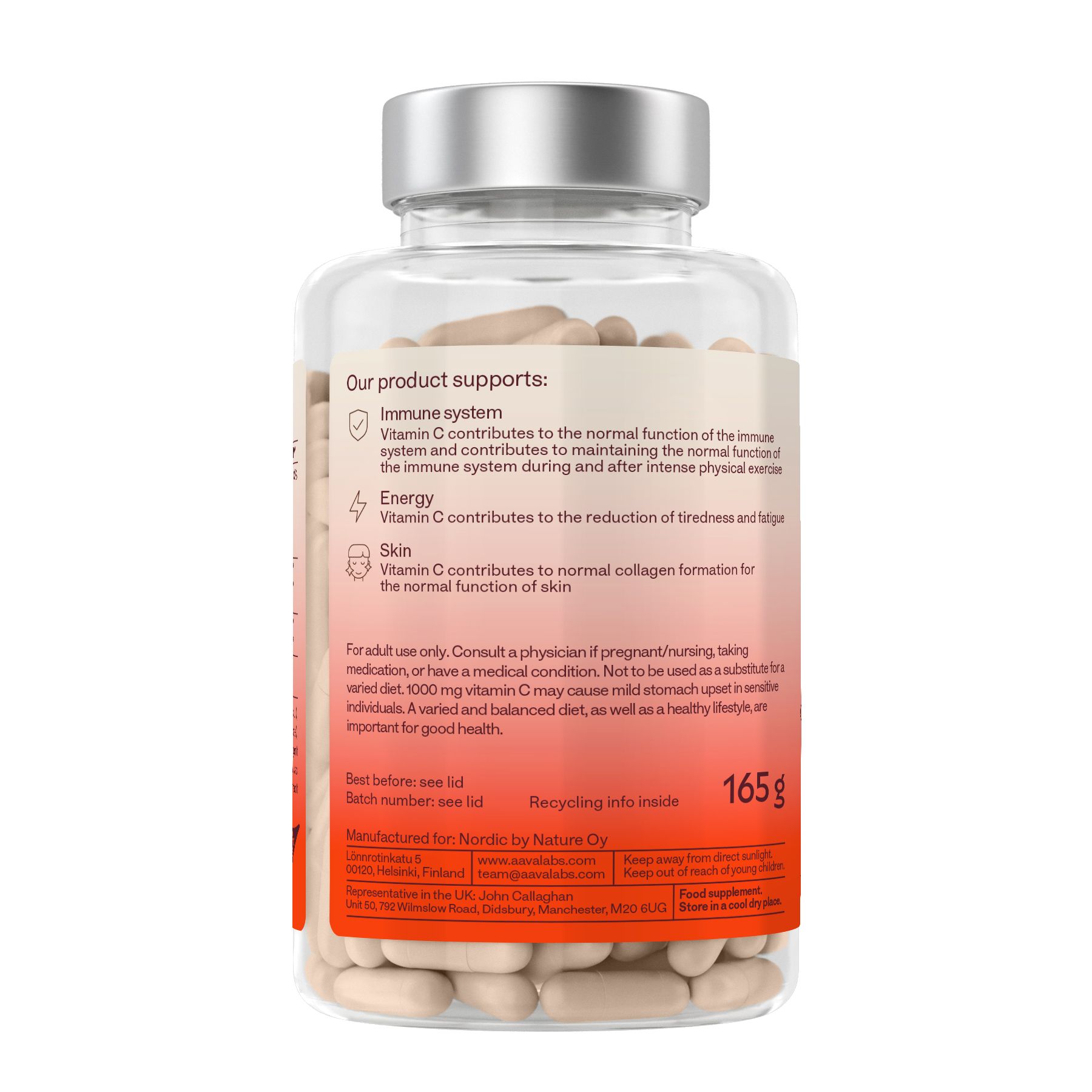 Aavalabs Vitamin C Komplex. Rückseite der Flasche mit Produktinformationen. Unterstützt Immunsystem, Energie und Haut.