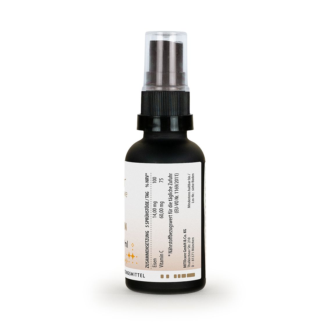 MITOcare Eisen Lipo Spray, 30ml Flasche mit Pumpspender, Rückseite mit Informationen.