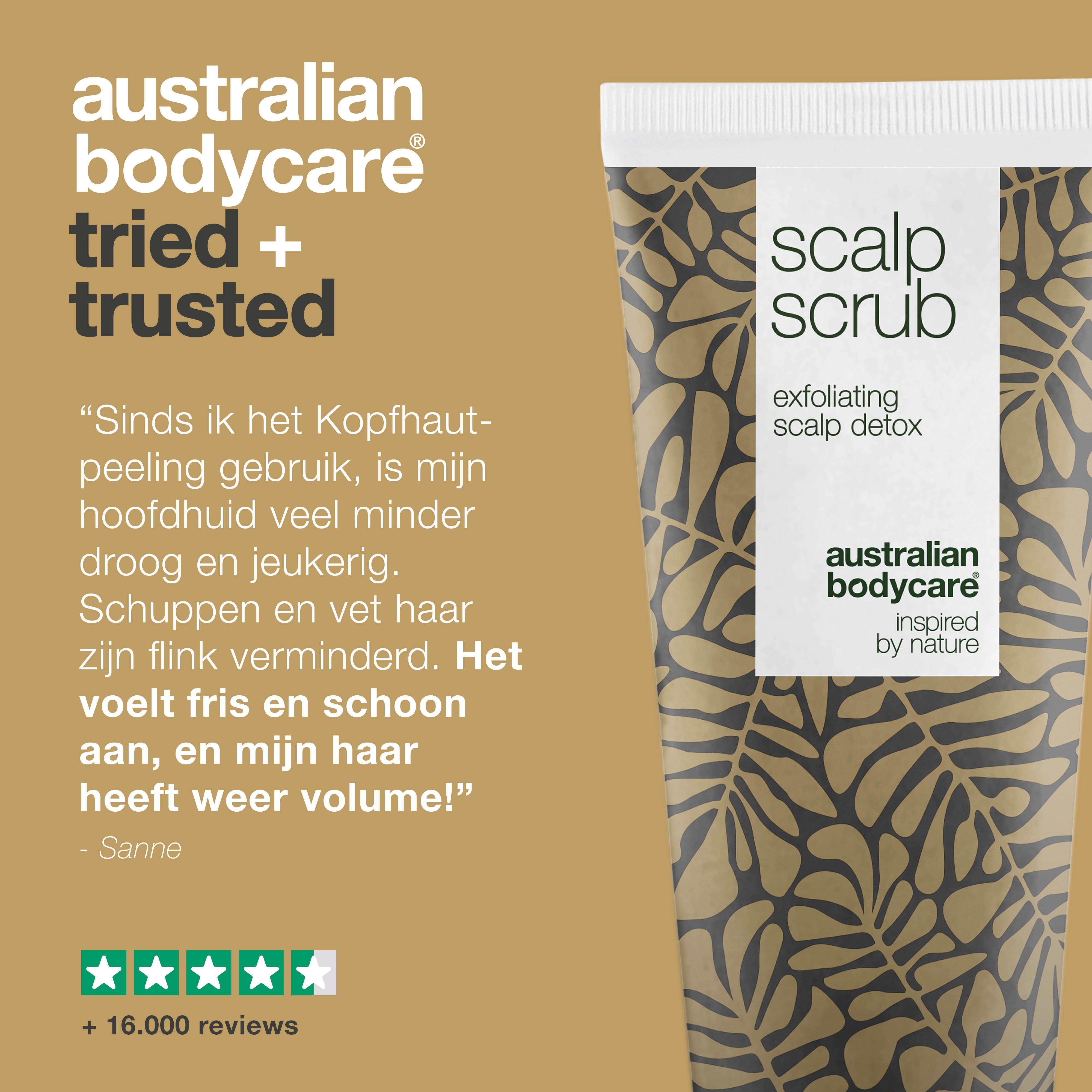Tube hoofdhuidpeeling. Tekst: Australian Bodycare, Scalp Scrub. Citaat: Tevreden klant. Sterrenbeoordeling.