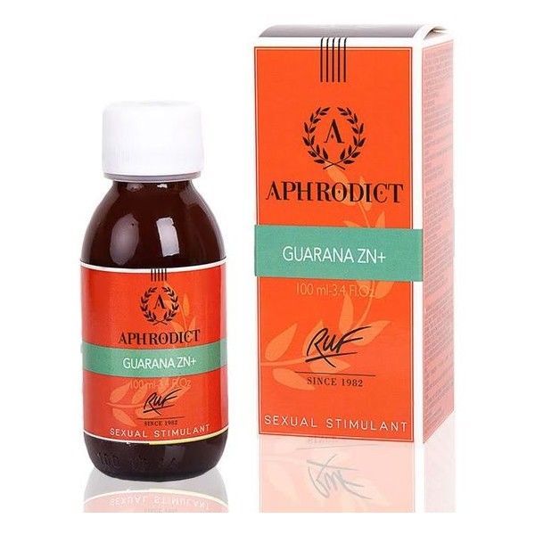 Braune Flüssigkeit in einer Flasche und Verpackung. Aufschrift: Aphrodict, Guarana ZN+, Sexual Stimulant. Orangefarbene Verpackung.