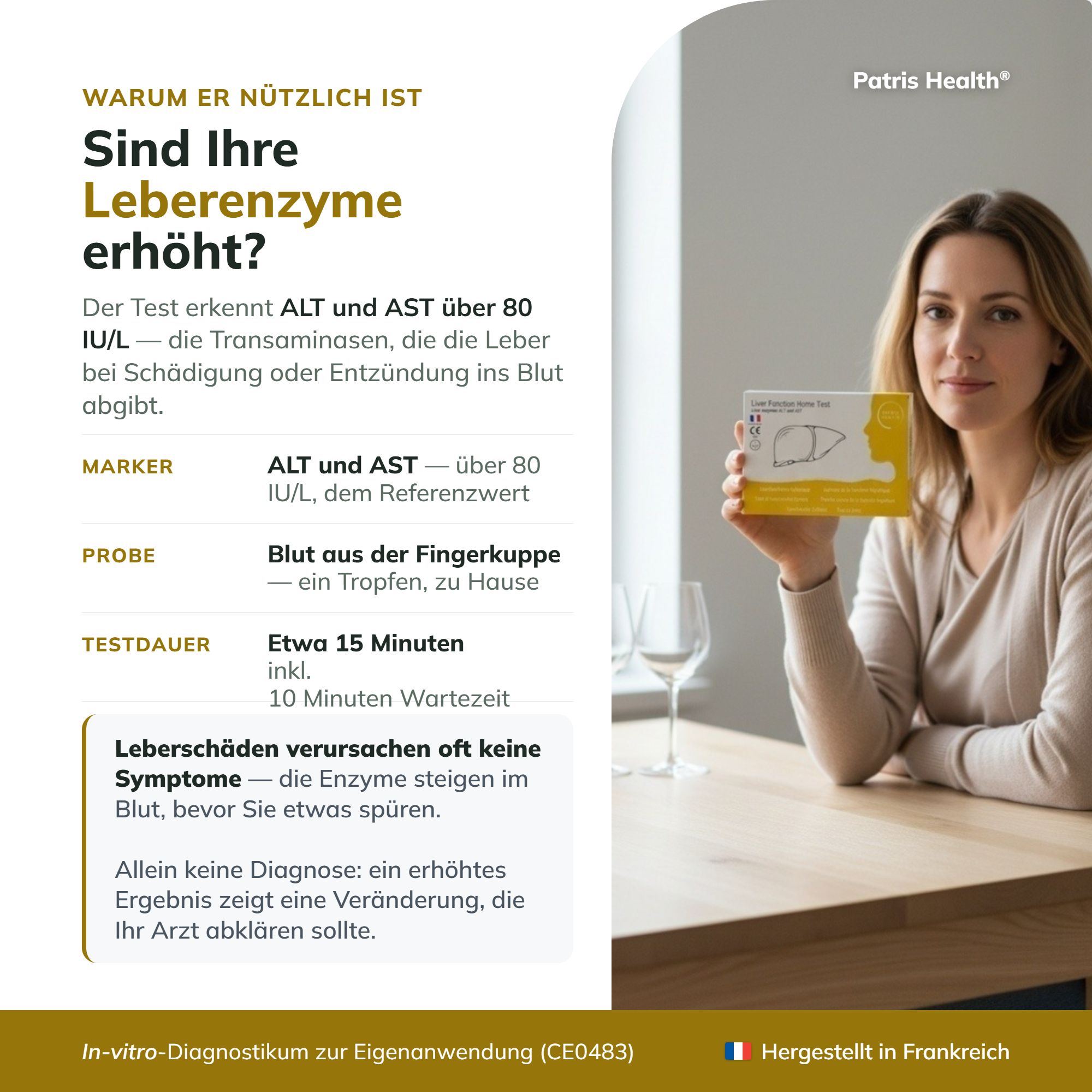 Frau hält Patris Health Leberfunktionstest-Packung; Text erklärt, warum der Test nützlich ist.