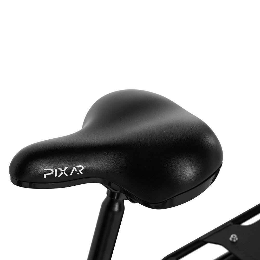 Schwarzer Fahrradsattel mit PIXAR-Logo. Ergonomische Form.