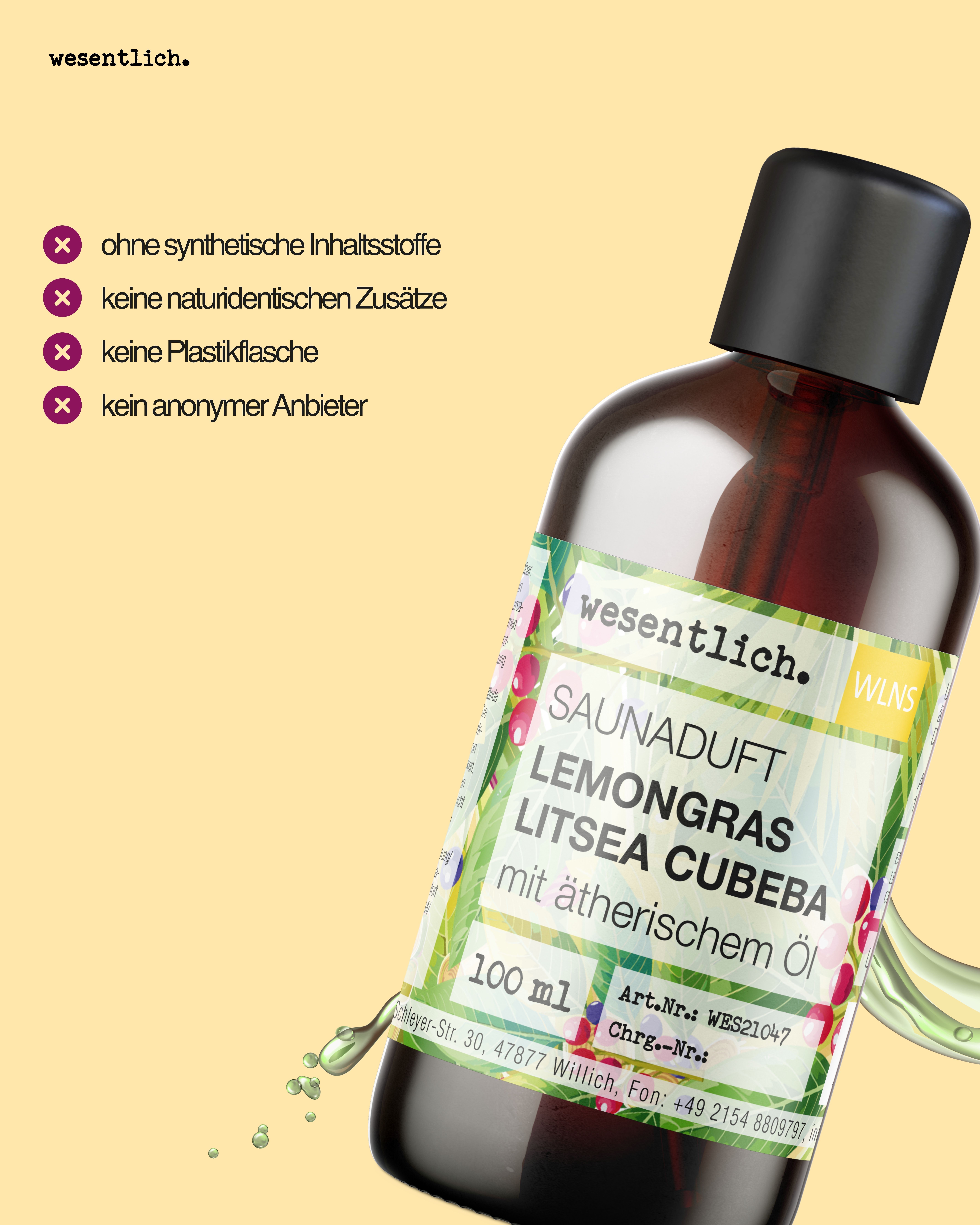 Braune Glasflasche mit schwarzem Deckel. Etikett mit Produktnamen. Text: ohne synthetische Inhaltsstoffe, keine Plastikflasche.