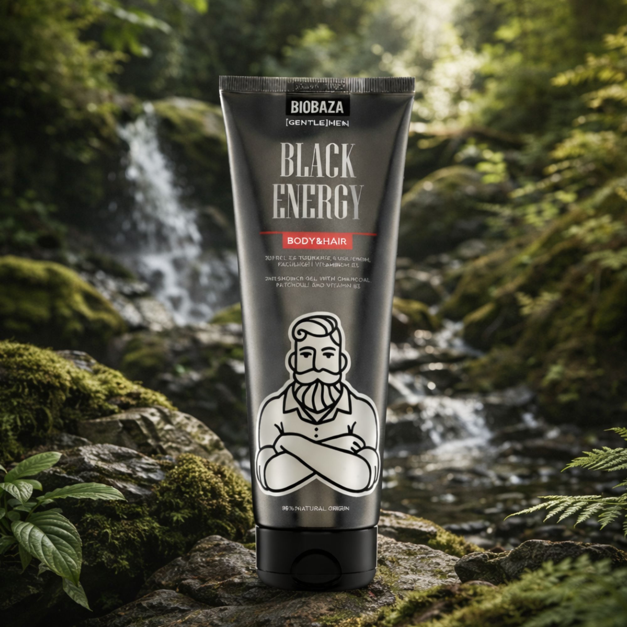 Schwarze Tube mit "BLACK ENERGY"-Aufdruck. Illustration eines Mannes mit Bart. Hintergrund: Wasserfall und Felsen.