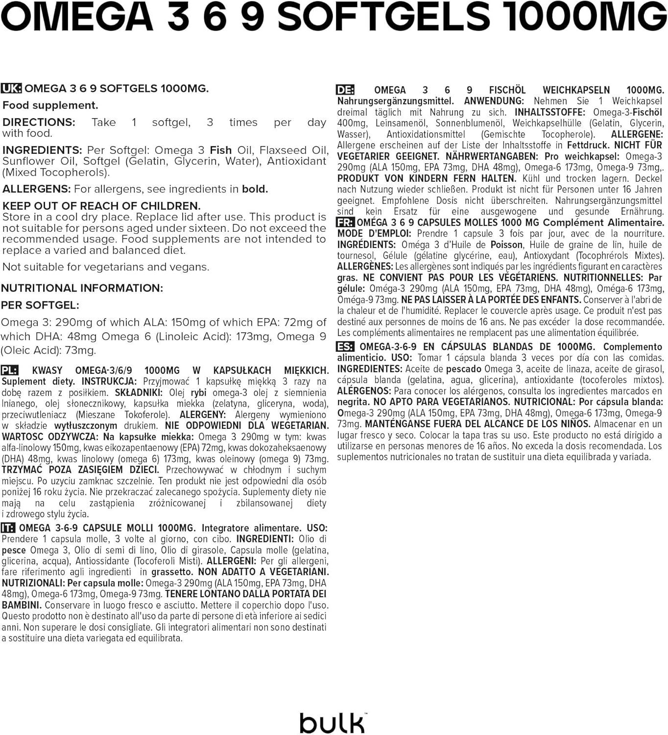 Textseite mit Informationen zu Omega 3 6 9 Kapseln. Enthält Angaben zu Inhaltsstoffen, Dosierung und Warnhinweisen.