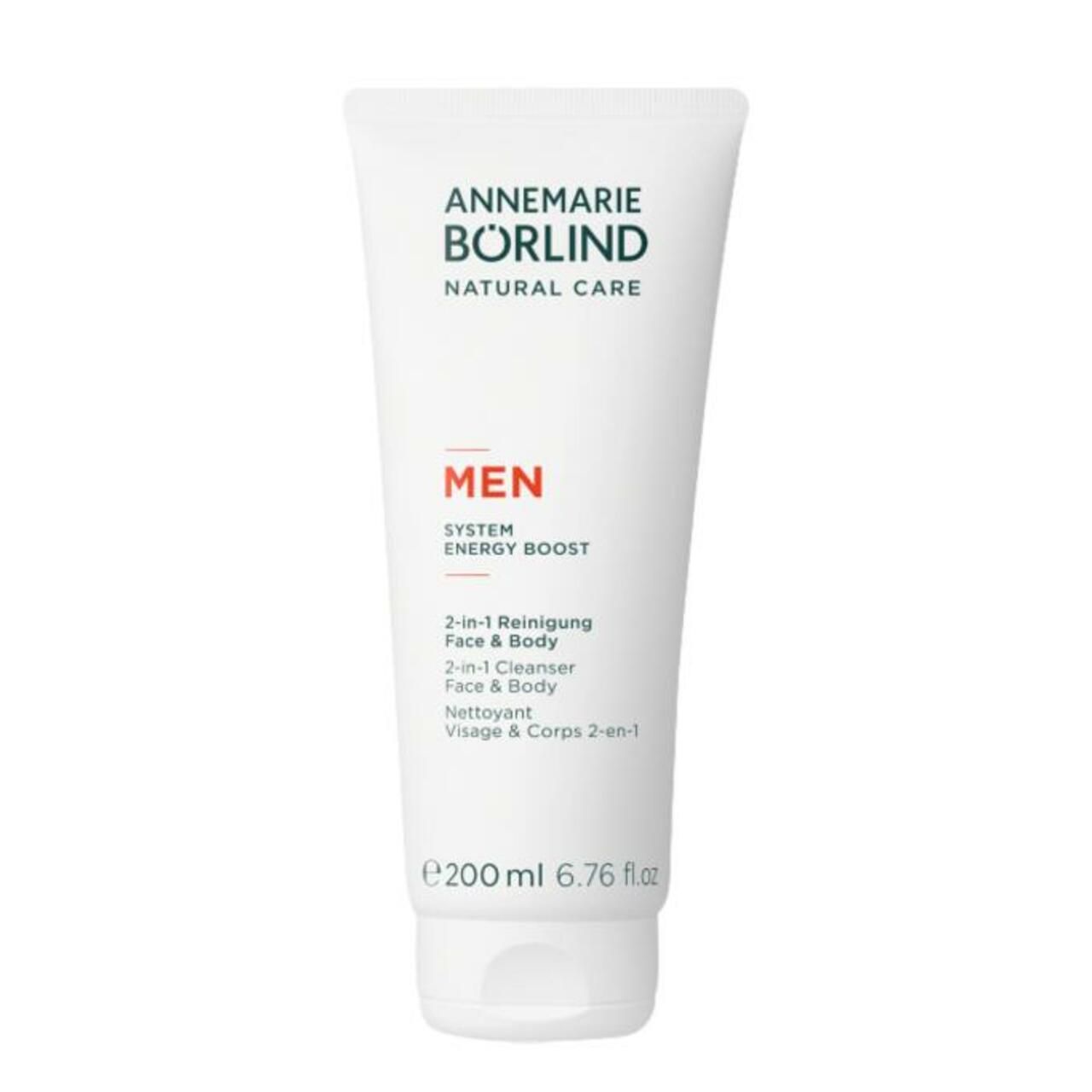 Weiße Tube mit "ANNEMARIE BÖRLIND MEN 2-in-1 Reinigung Face & Body". Rote Schrift. 200 ml.