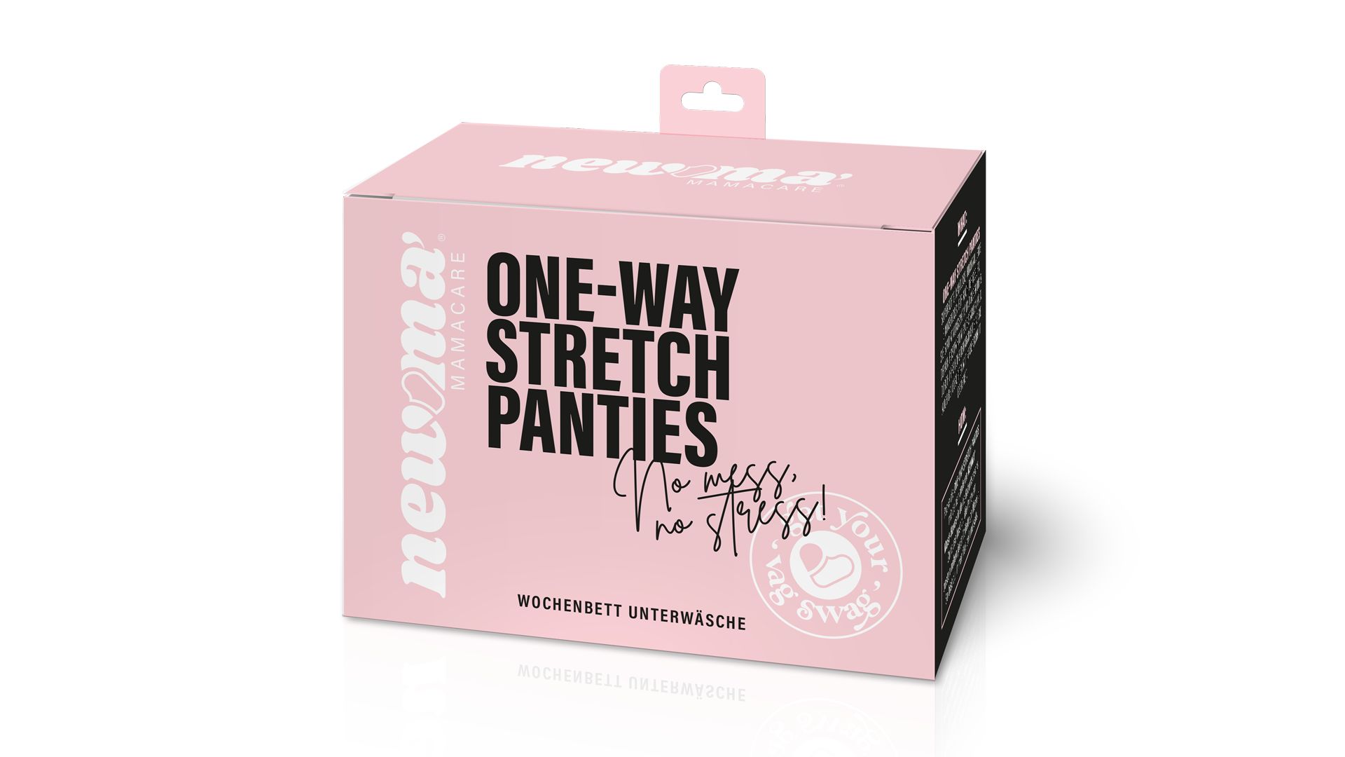 Rosa Verpackung mit der Aufschrift "ONE-WAY STRETCH PANTIES". Text: "Wochenbett Unterwäsche".