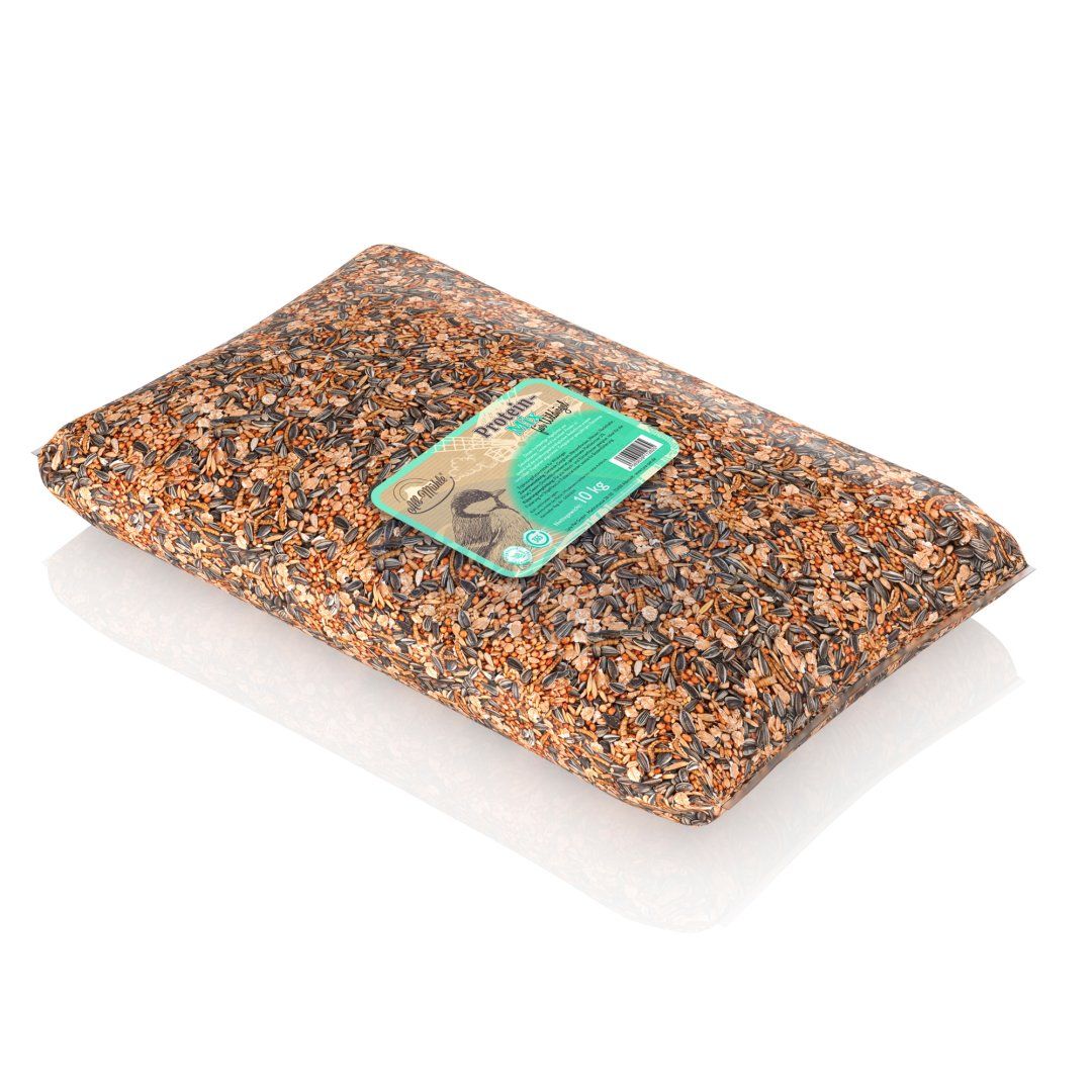 Beutel mit Vogelfutter. Label mit Produktinformationen. Auf weißem Hintergrund.