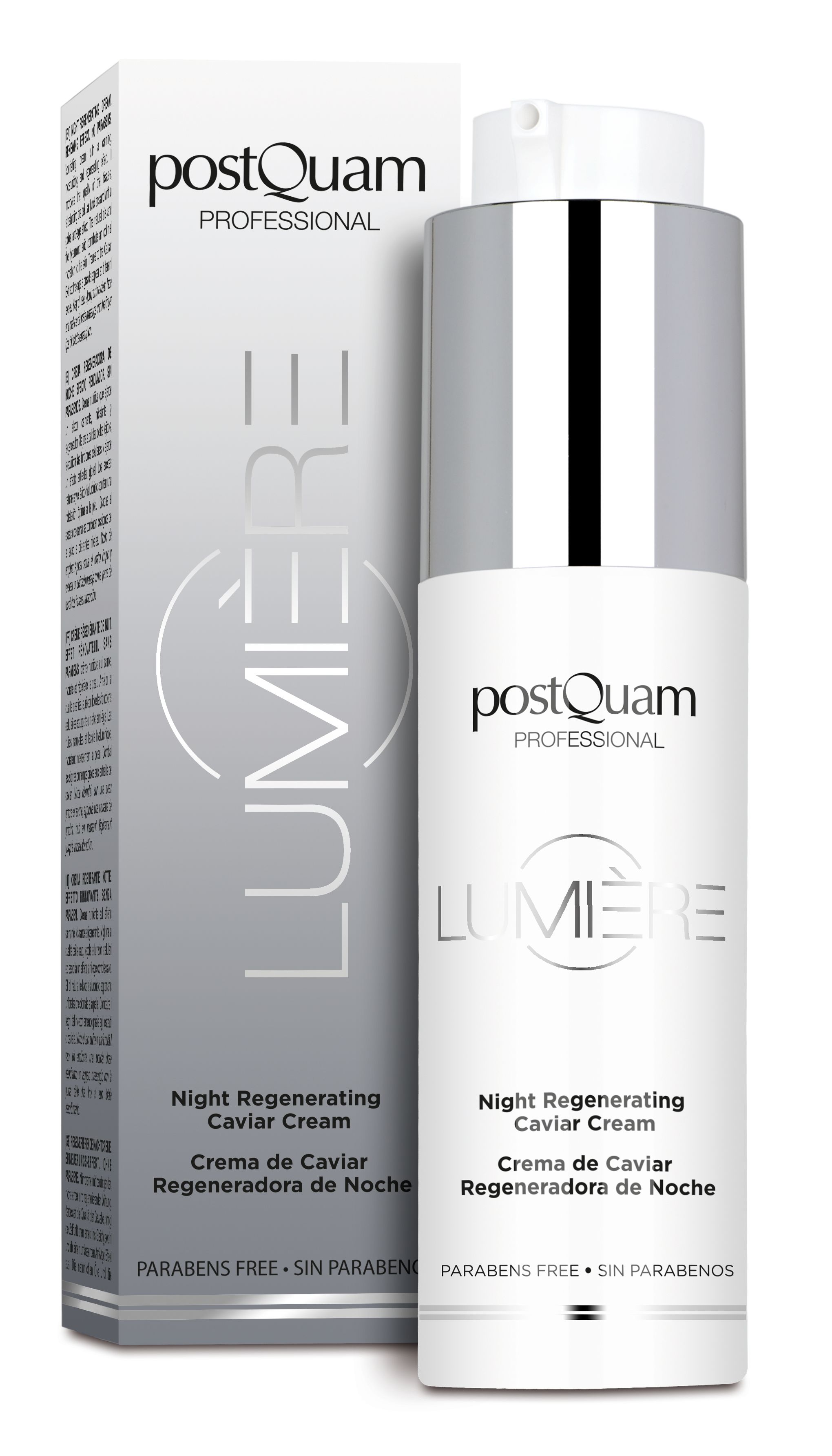 Produkt mit Verpackung. Text: PostQuam, Lumière, Night Regenerating Caviar Cream. Parabenfrei. Flasche mit silbernem Deckel.