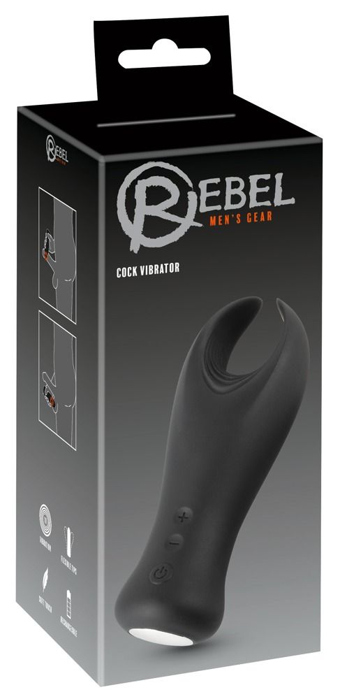 Verpackung für den Cock Vibrator. Schwarze Box mit Produktabbildung und Logo. Text: Rebel, Men's Gear.