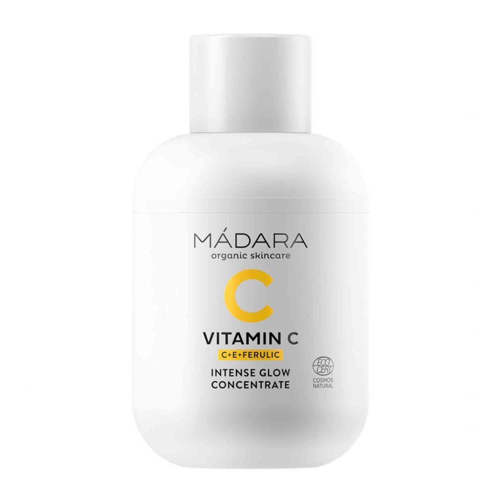 Madara Vitamin C Intense Glow Konzentrat Flasche. Enthält C, E, Ferulic Säure. COSMOS NATURAL zertifiziert.