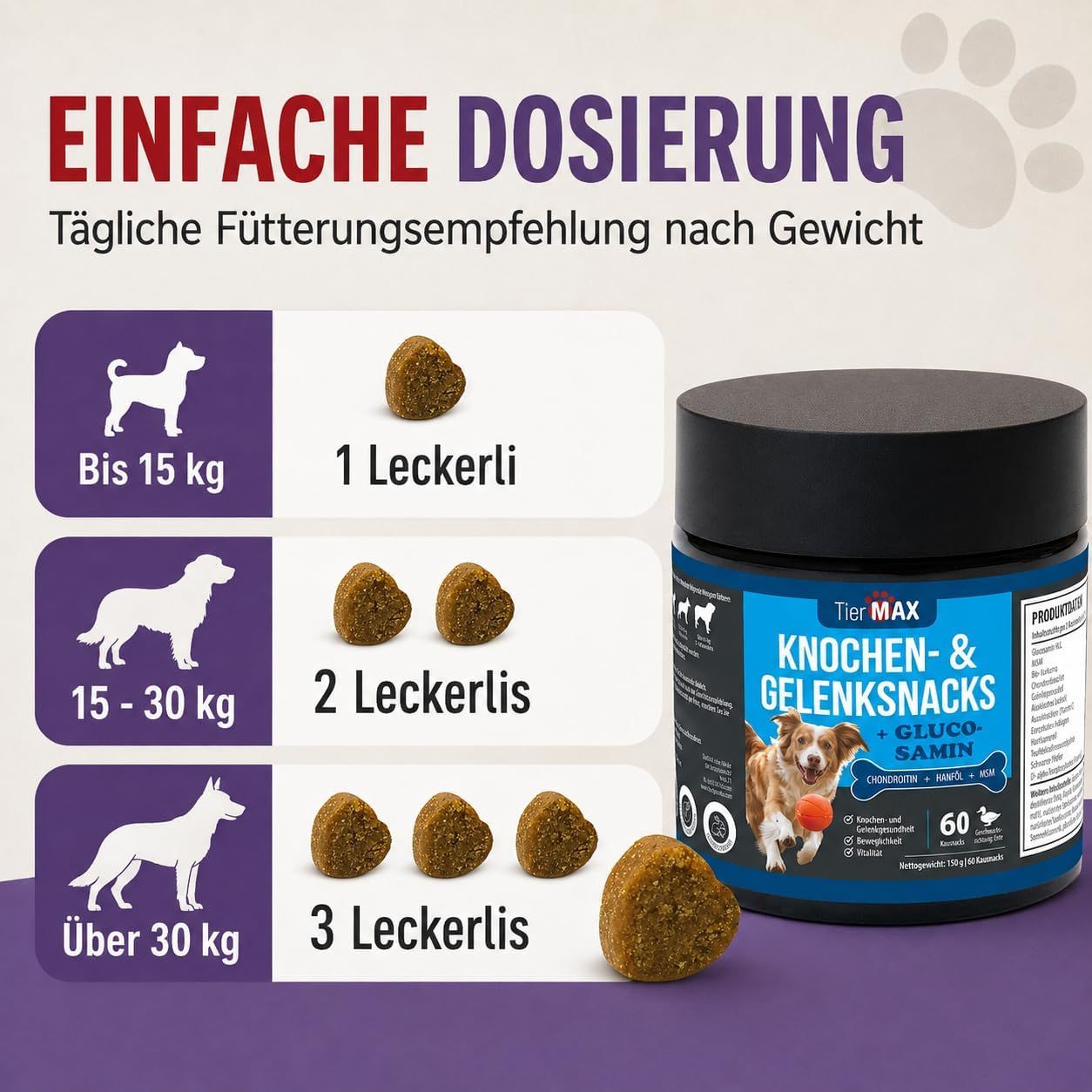 Tiermax Knochen- & Gelenksnacks: Einfache Dosierung nach Gewicht.