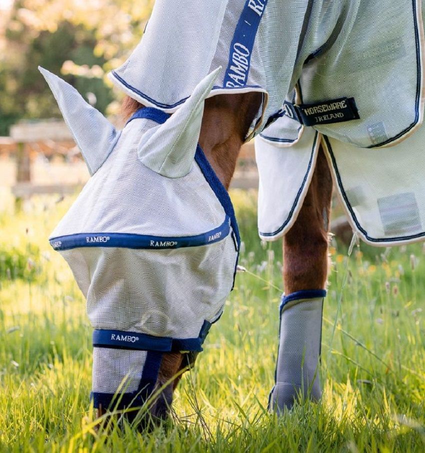 Pferde-Fliegenmaske mit blauem Rand und Logo. Ohrenschutz und Nasenbereich. Marke: Horseware Rambo.