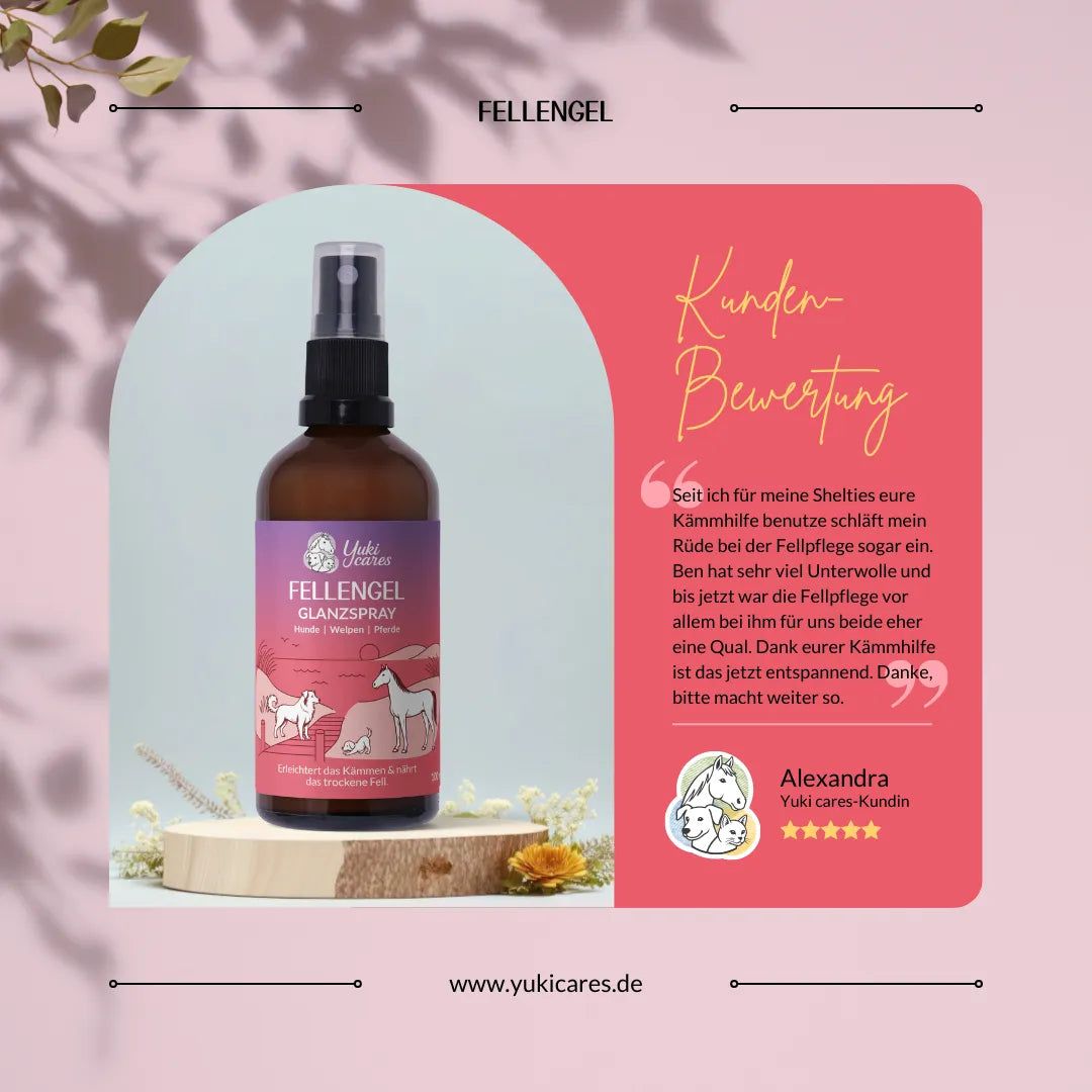 Braune Sprühflasche auf Holzsockel. Lila Etikett mit Text: Fellengel Glanzspray. Kundenbewertung mit Zitat.