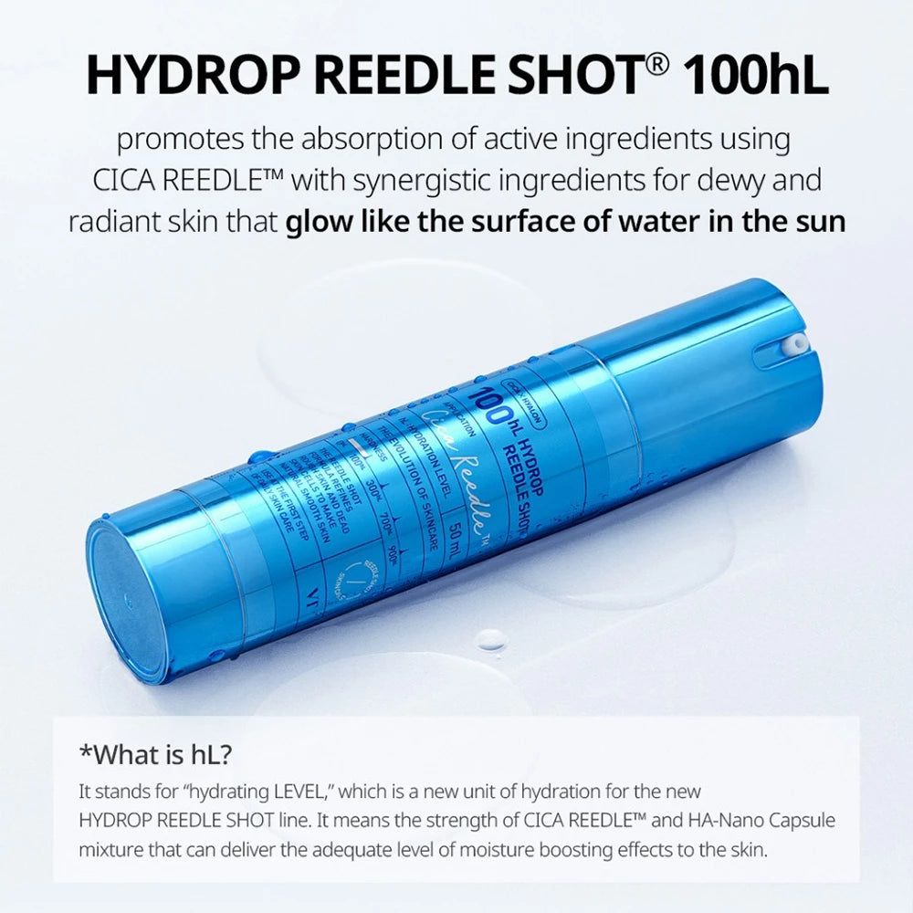 Blaue Flasche mit Text. Produktname: "Hydrop Reedle Shot 100hL". Text erklärt die Wirkung des Produkts.