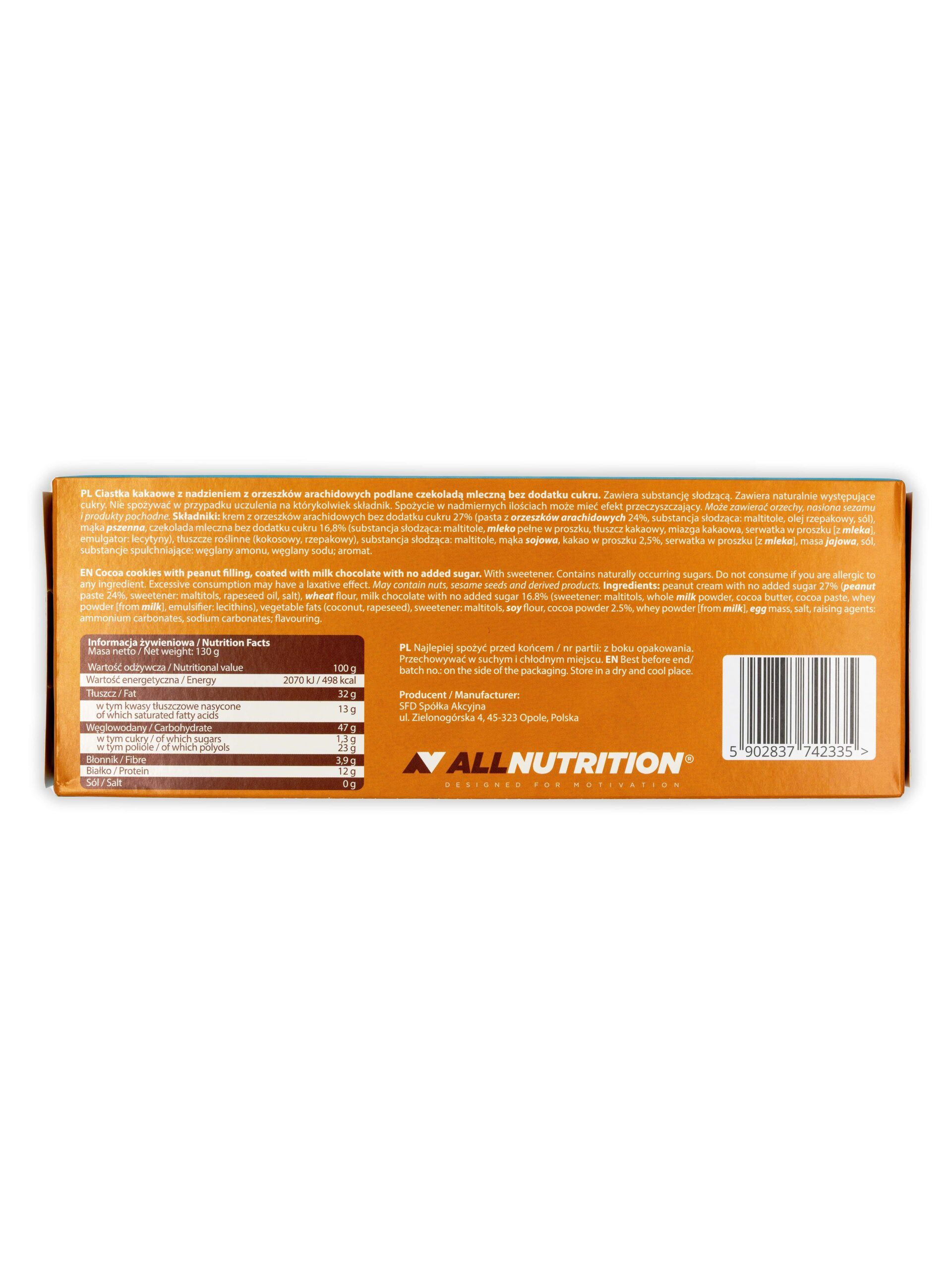 Rückseite der Kekspackung. Text mit Nährwertangaben und Zutaten. Marke: ALLNUTRITION. Barcode.