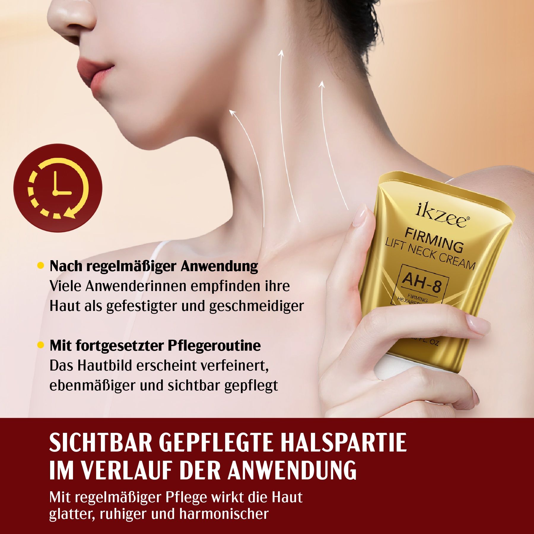 Frau hält goldfarbene Tube mit 'ikzee Firming Lift Neck Cream AH-8'. Text: Nach regelmäßiger Anwendung, mit fortgesetzter Pflegeroutine, sichtbar gepflegte Halspartie.