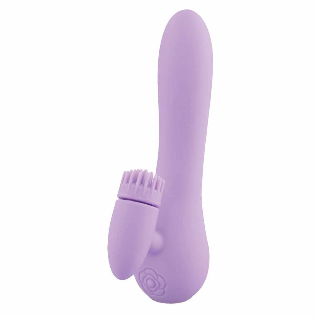 Lila Vibrator mit gebogener Form und Bürstenaufsatz. Rose auf dem Griff. 