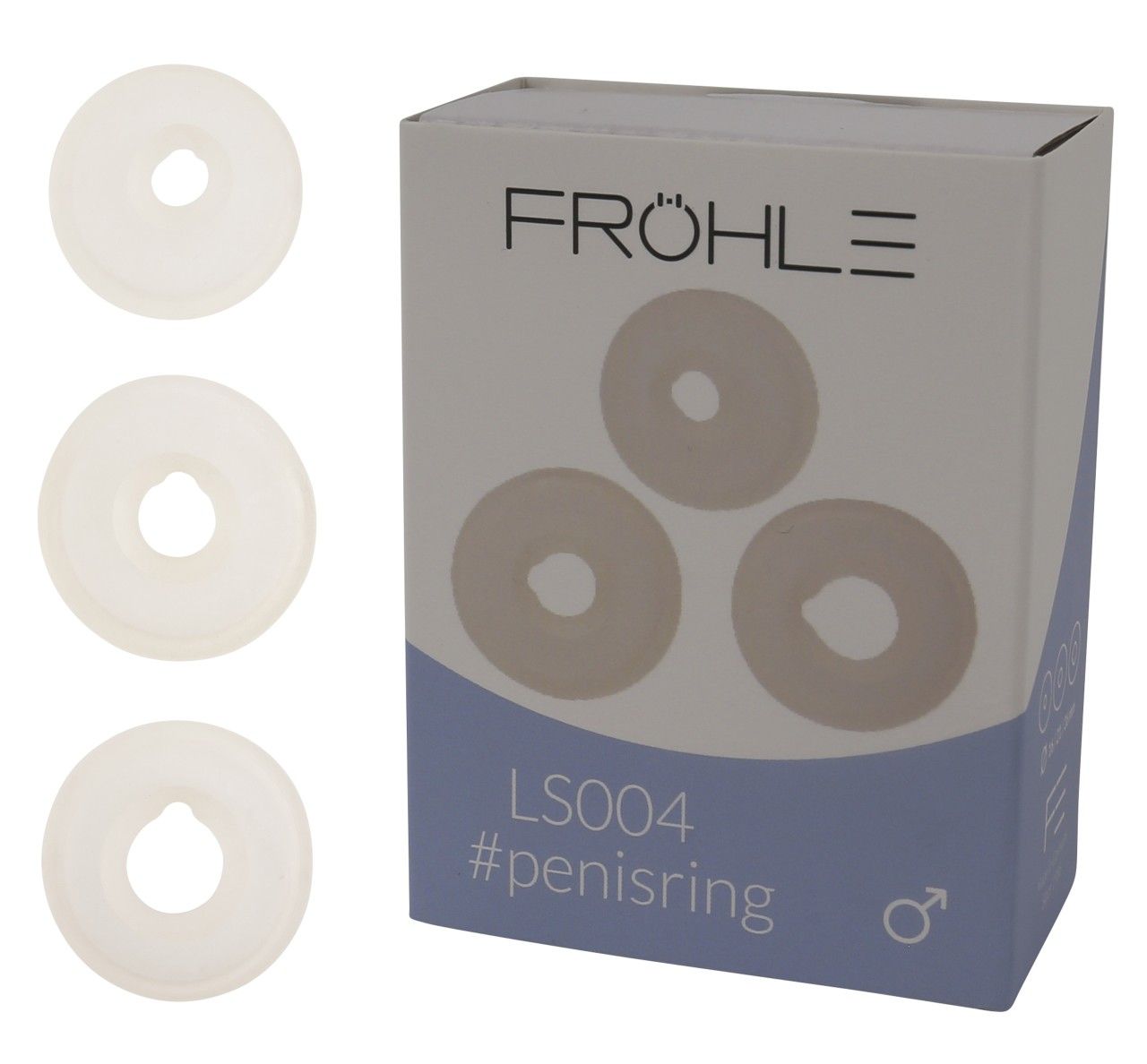 Drei weiße Penisringe aus flexiblem Material, einzeln und auf der Verpackung abgebildet.