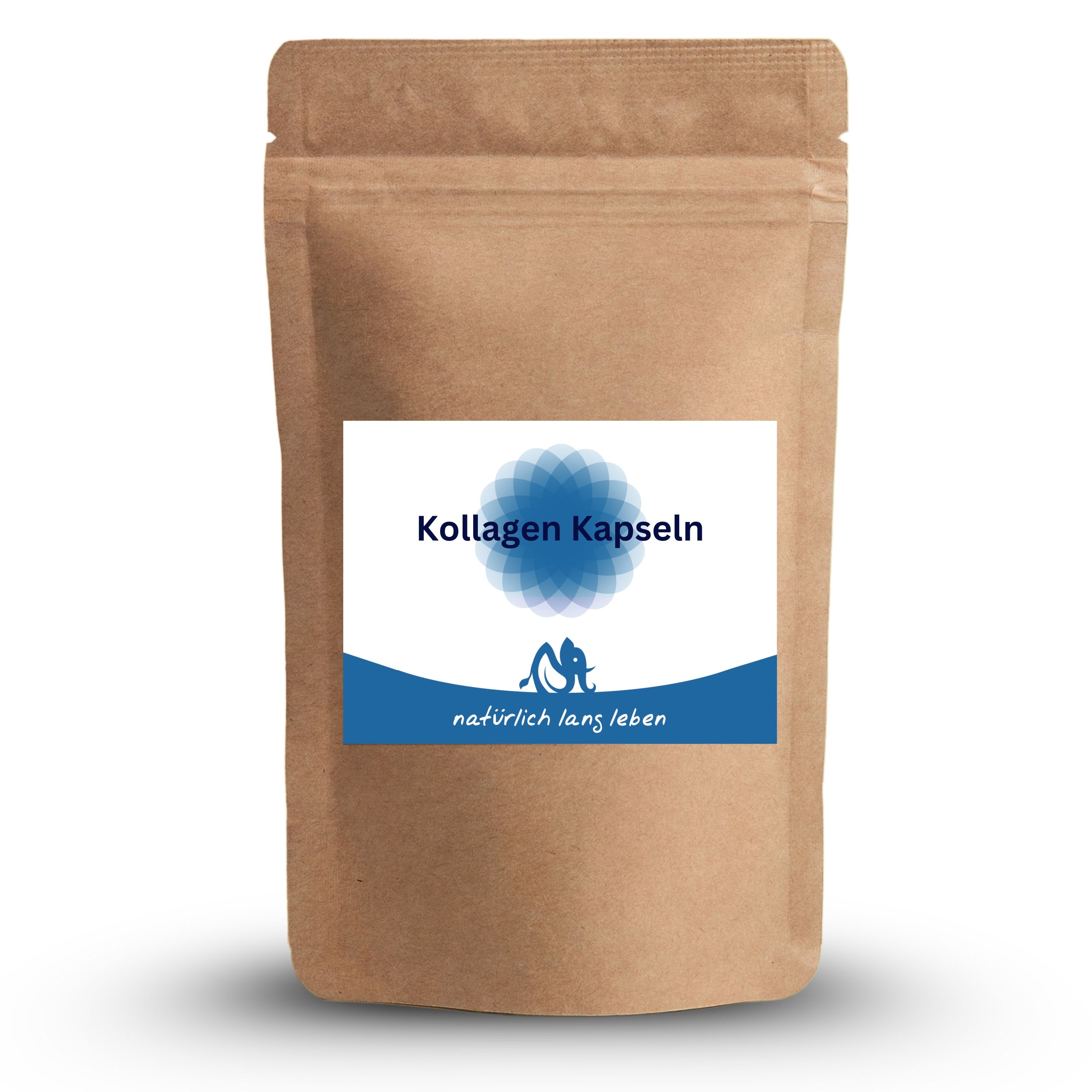 Braune Standbodenbeutel mit Etikett. Aufschrift: Kollagen Kapseln, natürlich lang leben. Blaues Logo.