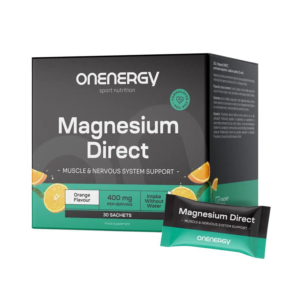 Schachtel und Beutel mit Magnesium Direct. Orange-Geschmack. 400 mg pro Portion. 30 Sachets.