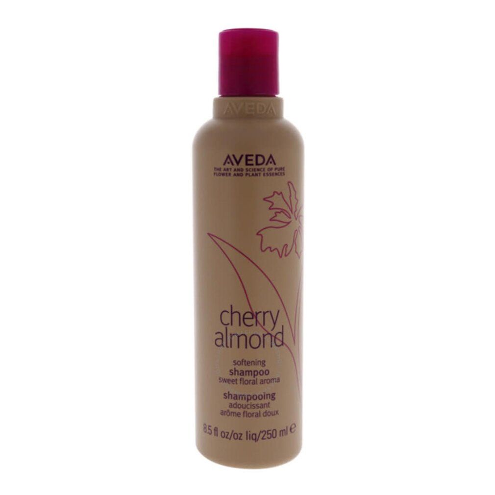 Beige Shampoo-Flasche mit pinkfarbenem Deckel. Aufschrift: Aveda, Cherry Almond, softening shampoo. 8.5 fl oz/250 ml.