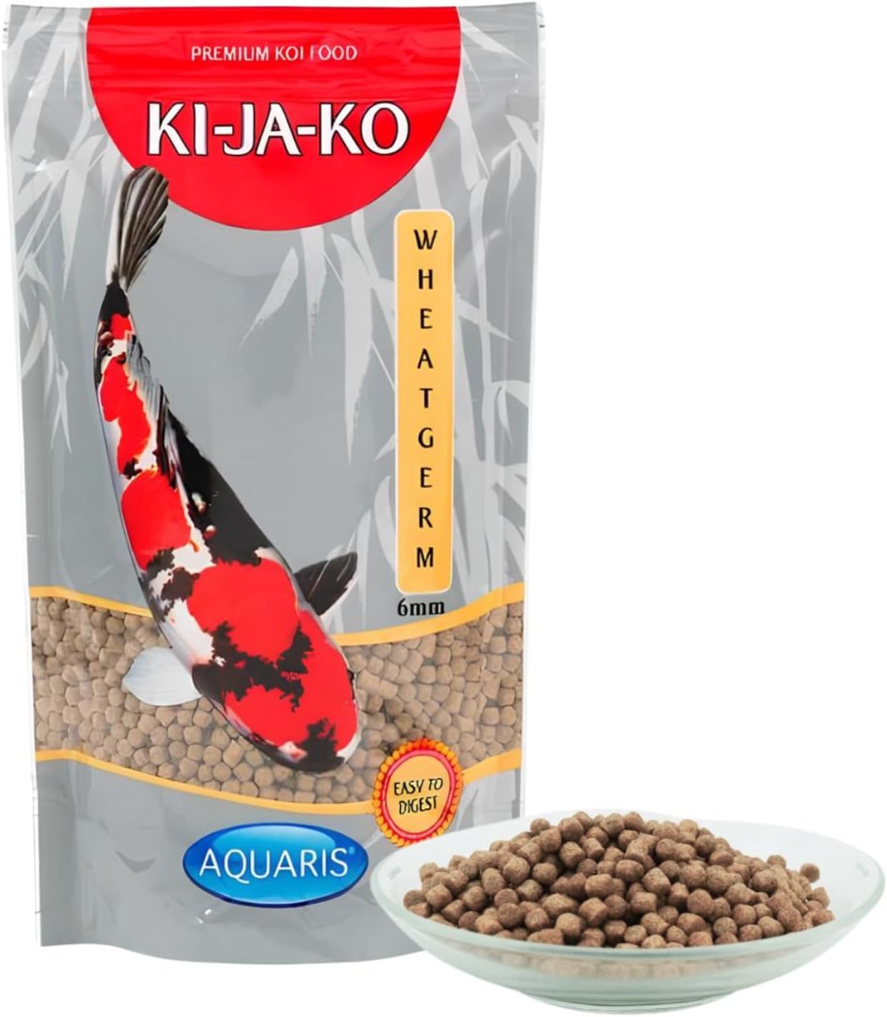 Verpackung von KI-JA-KO Koifischfutter Wheatgerm 6 mm. Enthält Pellets und eine Abbildung eines Koi-Fisches.