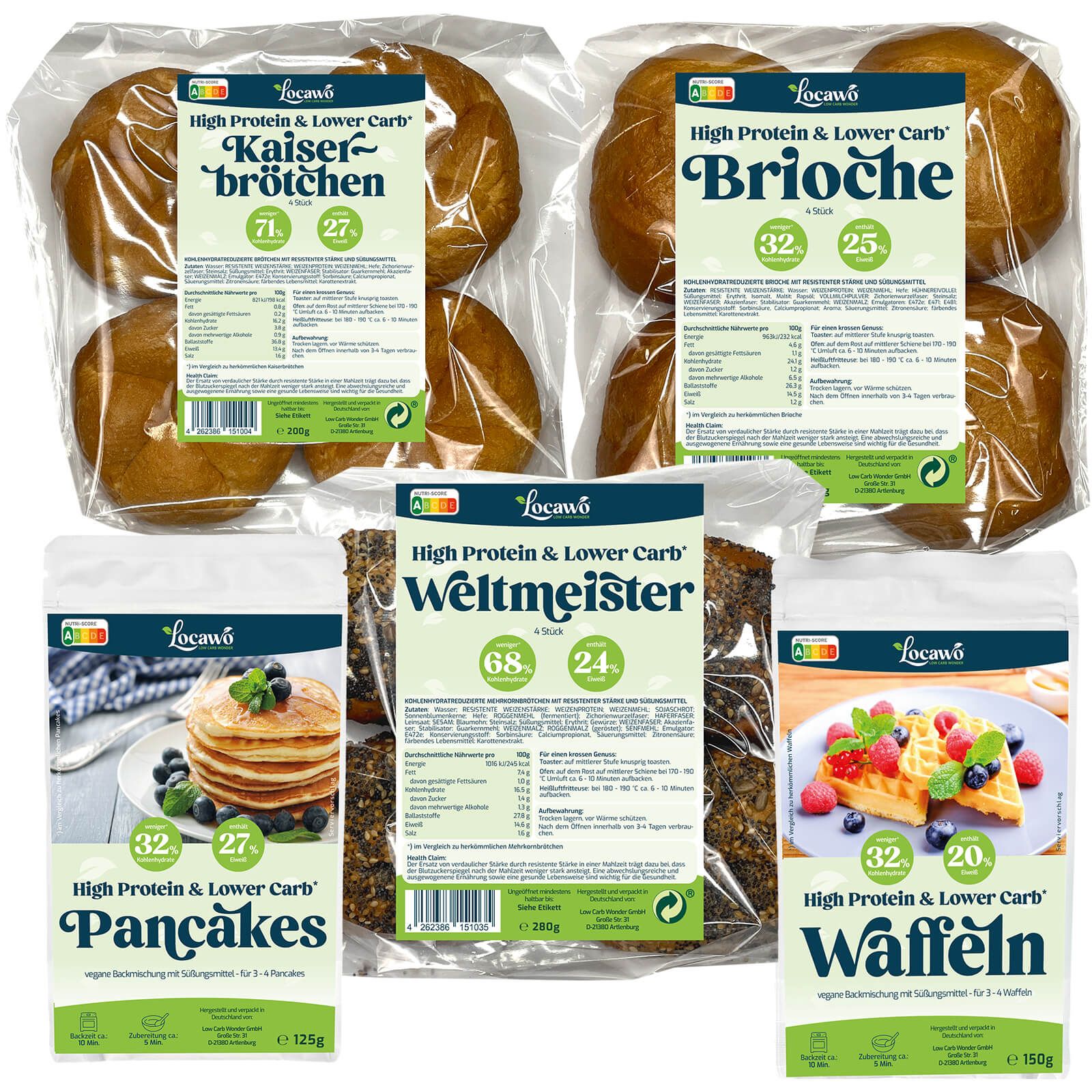 Mehrere Packungen Locawo-Produkte: Kaiserbrötchen, Brioche, Pancakes, Weltmeister und Waffeln. Alle mit High Protein & Lower Carb-Label.